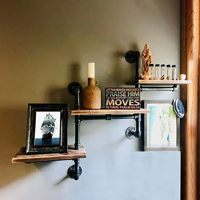New MBQQ Industrial Bookshelf Pipe Shelves 3 Tiers,Rustic Wood Shelf Wall Mounted,Metal Corner Hung Bracket Shelving Floating Shelves Steampunk Decor