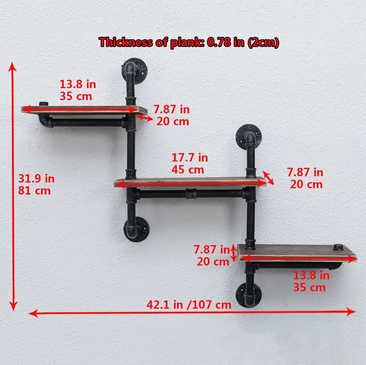 New MBQQ Industrial Bookshelf Pipe Shelves 3 Tiers,Rustic Wood Shelf Wall Mounted,Metal Corner Hung Bracket Shelving Floating Shelves Steampunk Decor