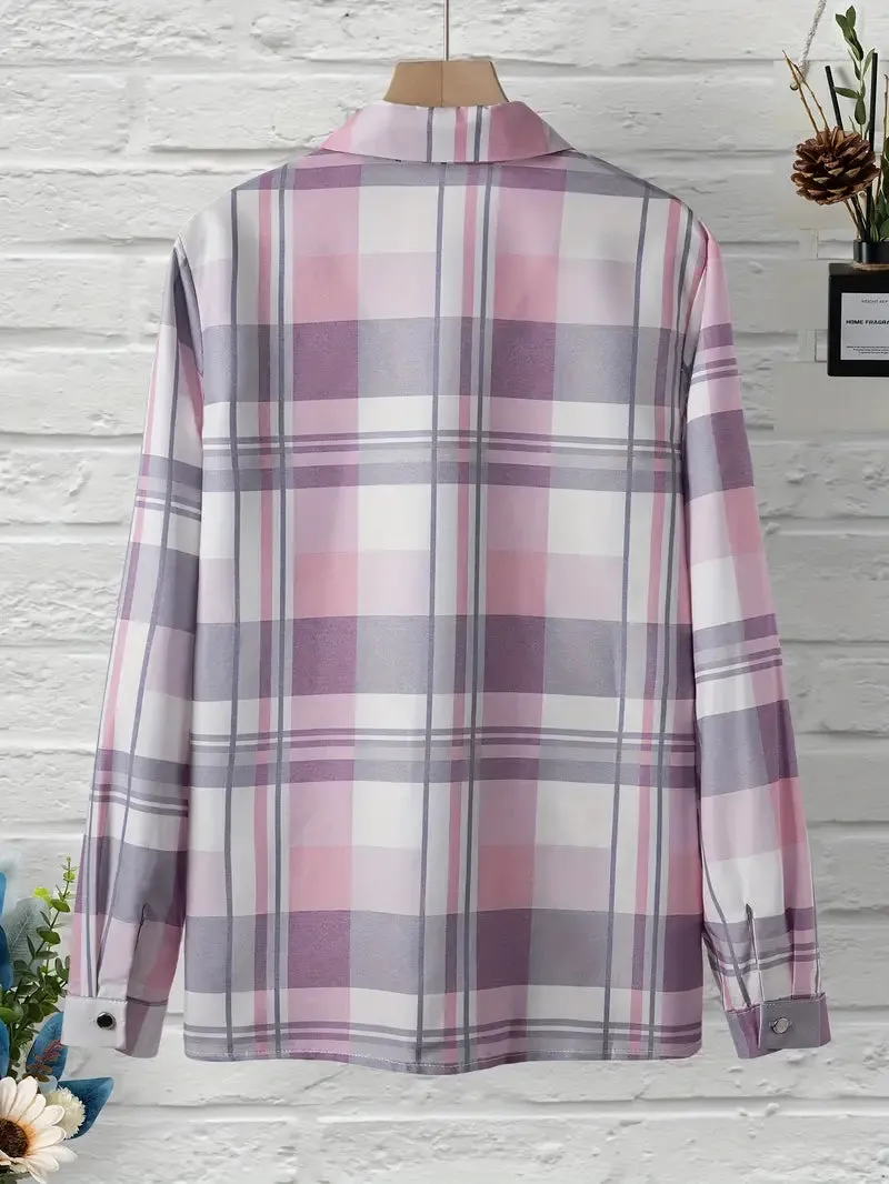 NEW Retails $49, Stylish Plaid Print Long Sleeve Shirt - Classic Button Front, Relaxed Casual Style, Long Sleeves, Convenient Pocket - Perfect for Womens Everyday Comfort in Spring and Fall, Sz L