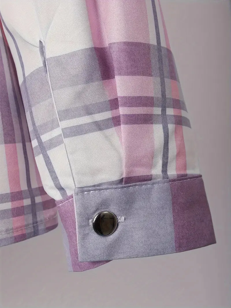 NEW Retails $49, Stylish Plaid Print Long Sleeve Shirt - Classic Button Front, Relaxed Casual Style, Long Sleeves, Convenient Pocket - Perfect for Womens Everyday Comfort in Spring and Fall, Sz L