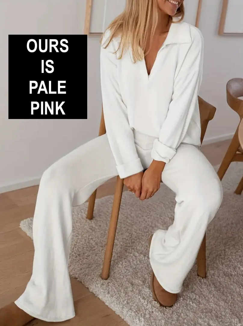 NEW Women's Solid Casual Lounge Set, Long Sleeve V Neck Top & Pants, Comfortable Relaxed Fit for Fall, Pale Pink, Sz M
