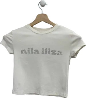 Nila Iliza White Rhinestone Logo T-Shirt UK S