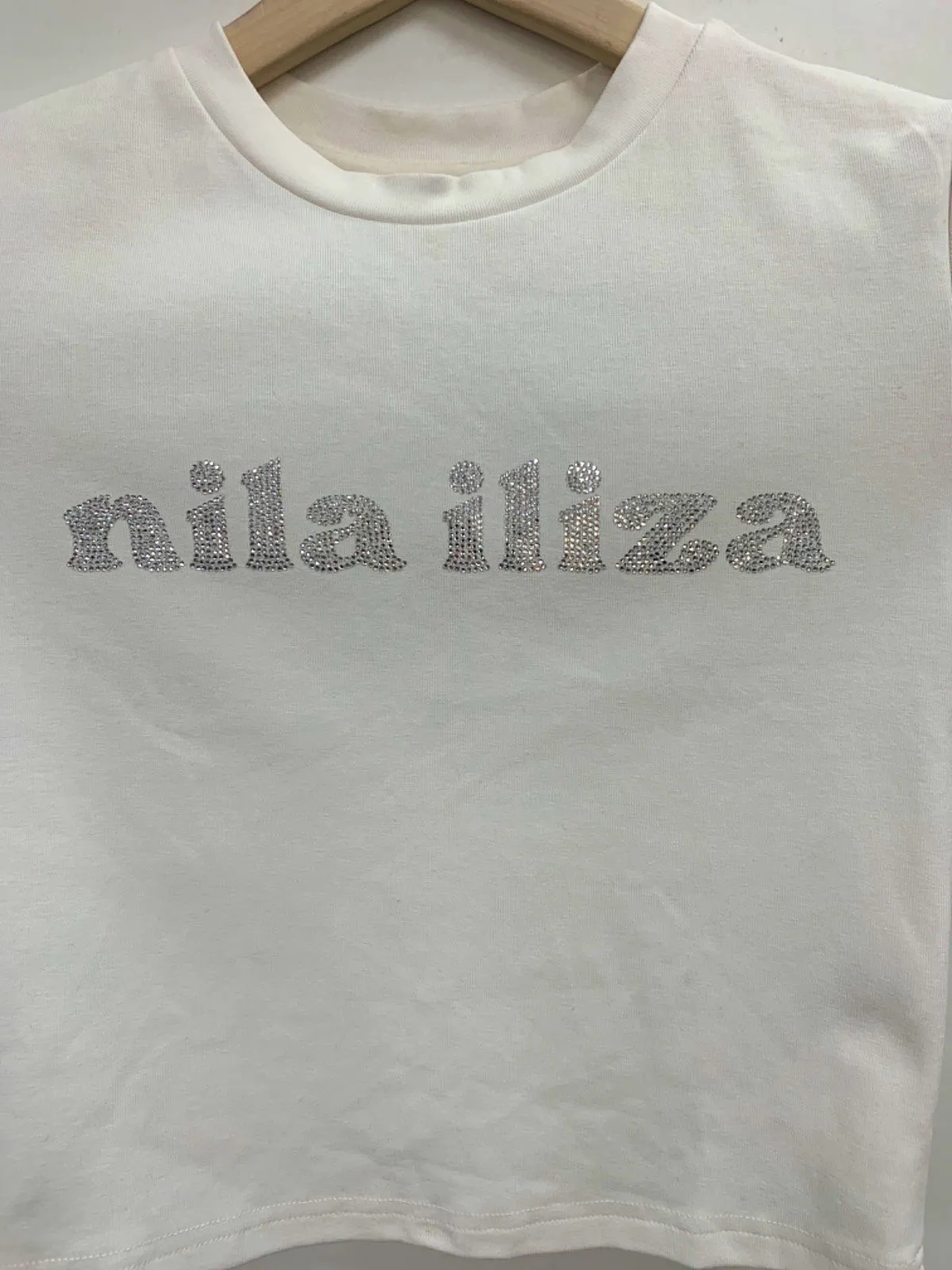 Nila Iliza White Rhinestone Logo T-Shirt UK S