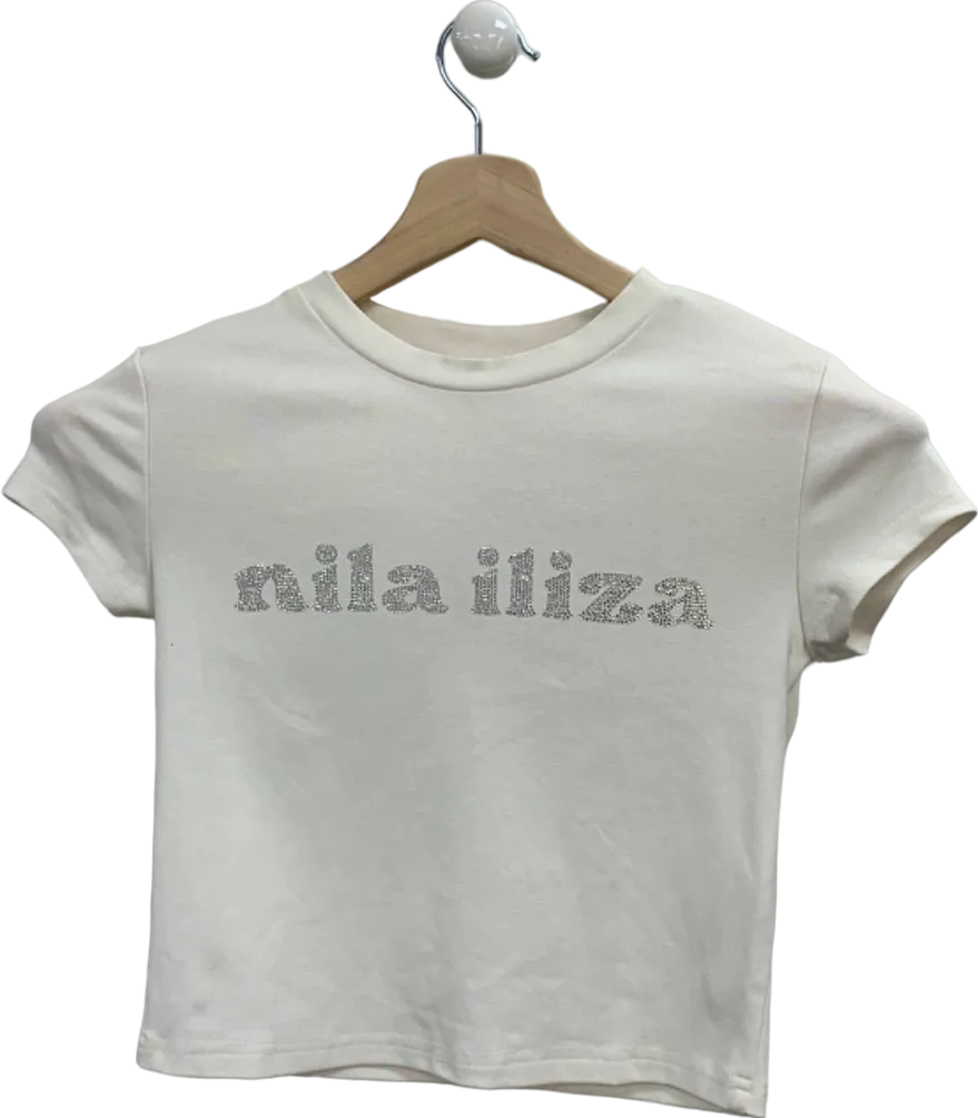 Nila Iliza White Rhinestone Logo T-Shirt UK S
