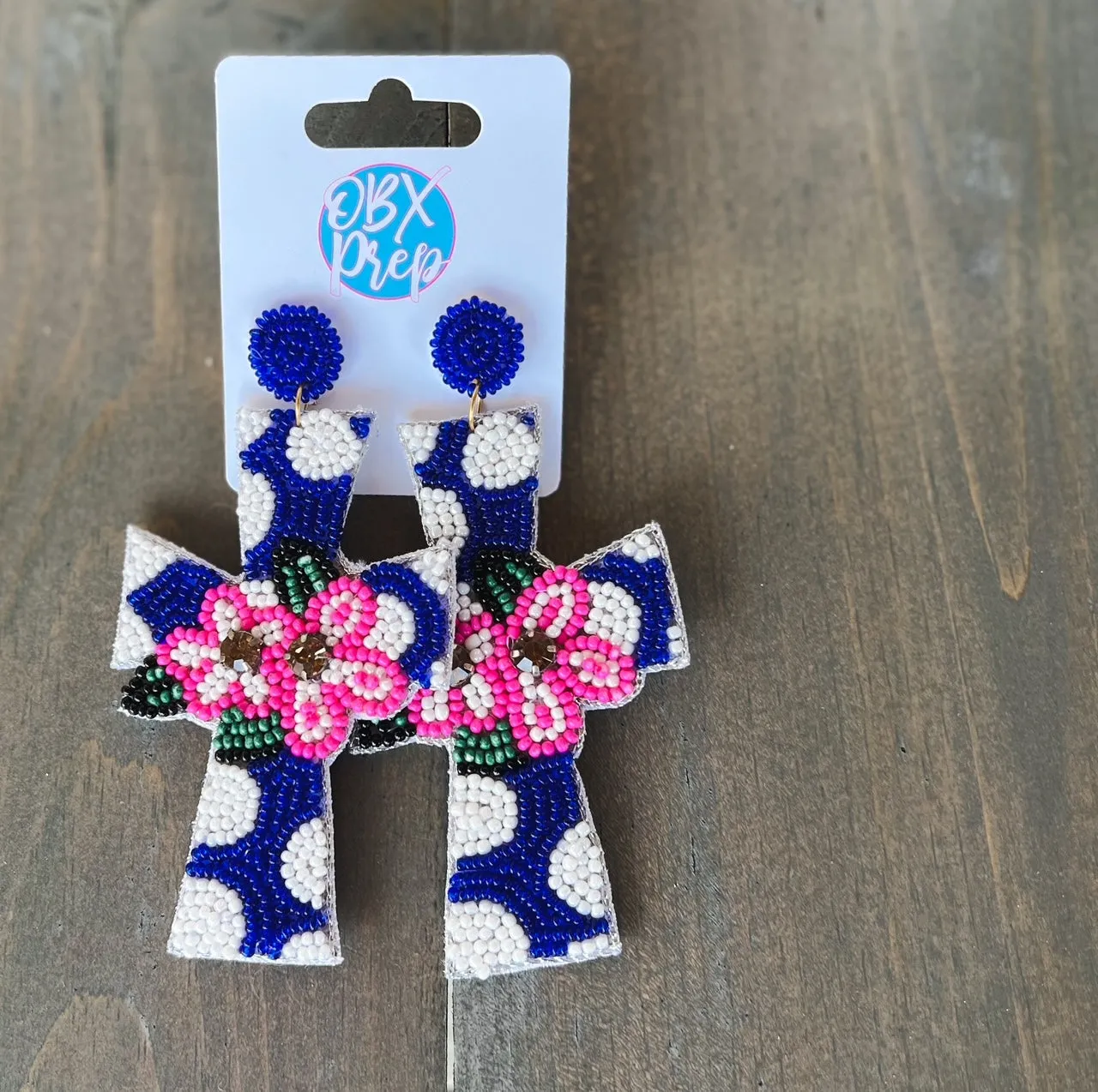 OBX Prep Exclusive! Polka Dot Cross Seed Beaded Dangle Earrings.