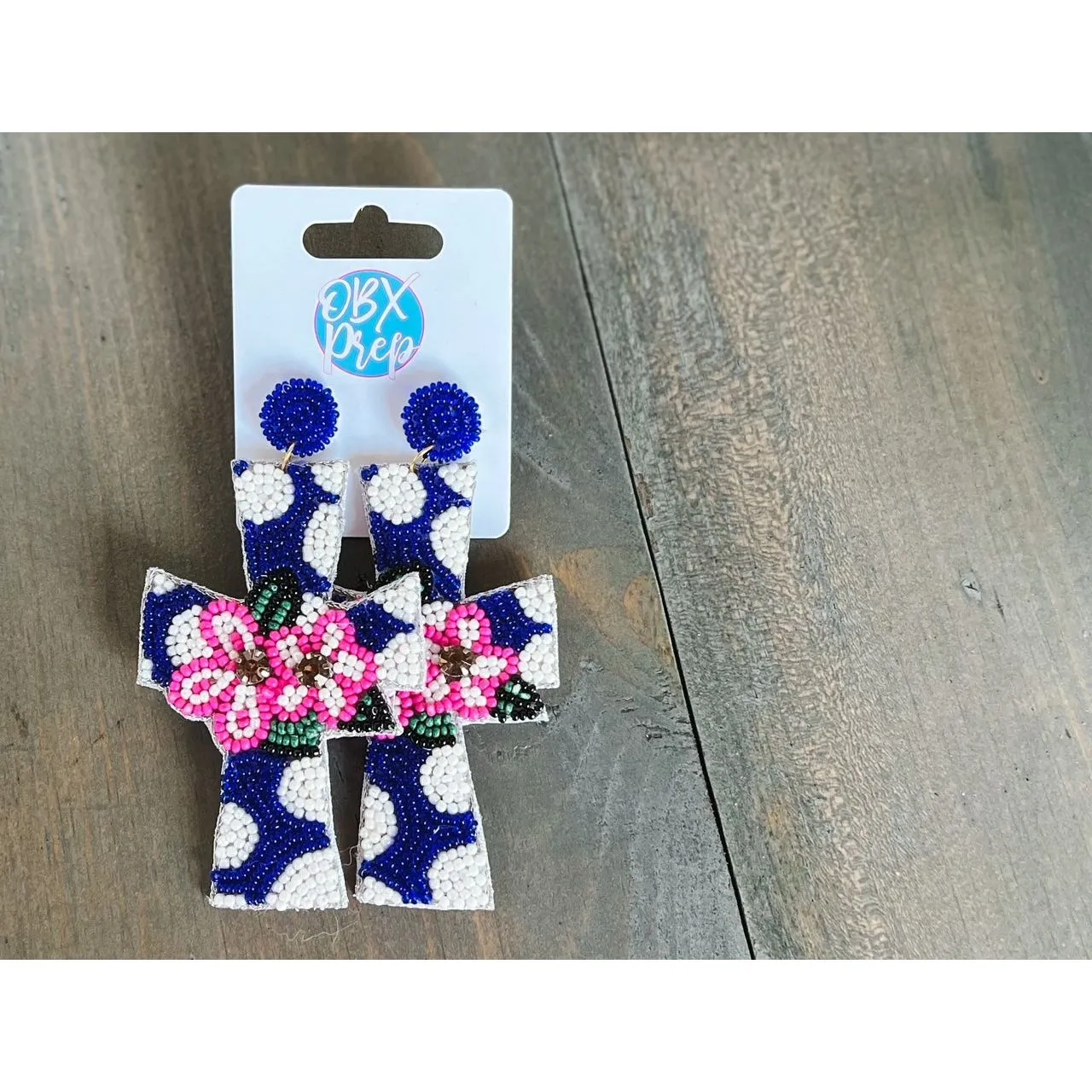 OBX Prep Exclusive! Polka Dot Cross Seed Beaded Dangle Earrings.