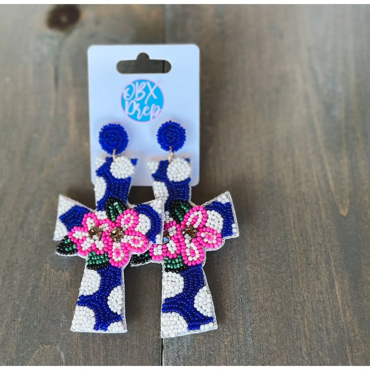 OBX Prep Exclusive! Polka Dot Cross Seed Beaded Dangle Earrings.