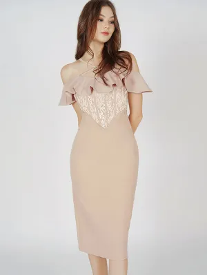 Off Shoulder Sleeveless Ruffle Midi Bandage Dress HB100210
