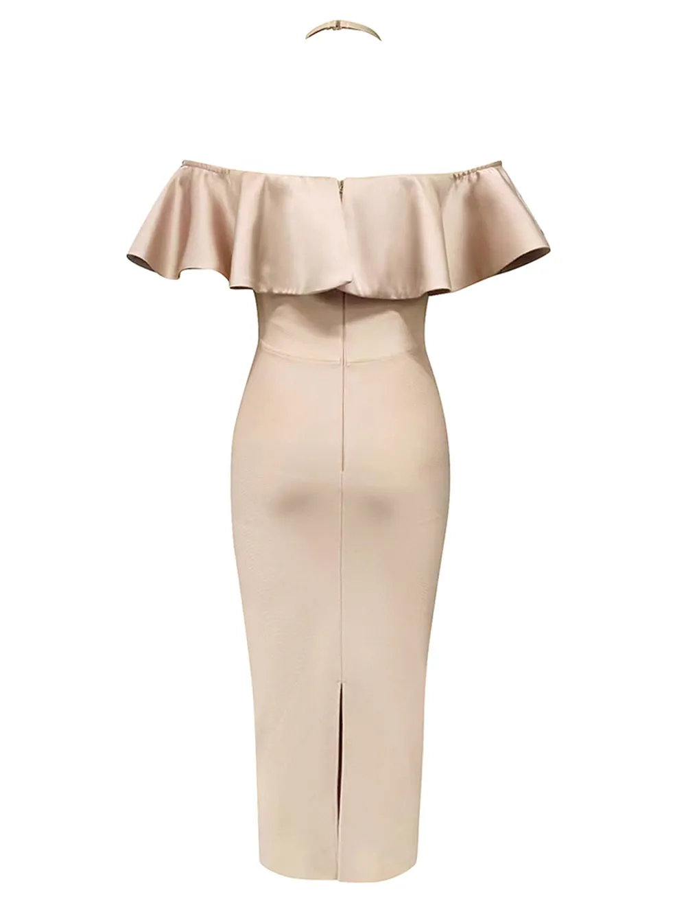 Off Shoulder Sleeveless Ruffle Midi Bandage Dress HB100210