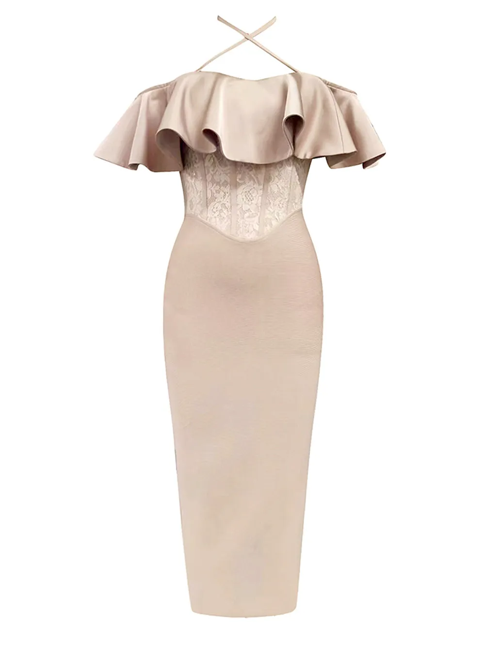 Off Shoulder Sleeveless Ruffle Midi Bandage Dress HB100210