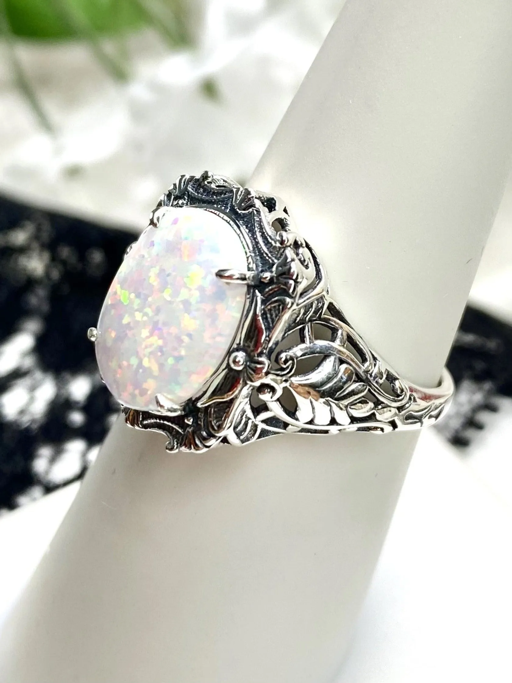 Opal Ring, Oval Art Nouveau Style, Vintage Sterling Silver Filigree Ring, Beauty Ring, D229