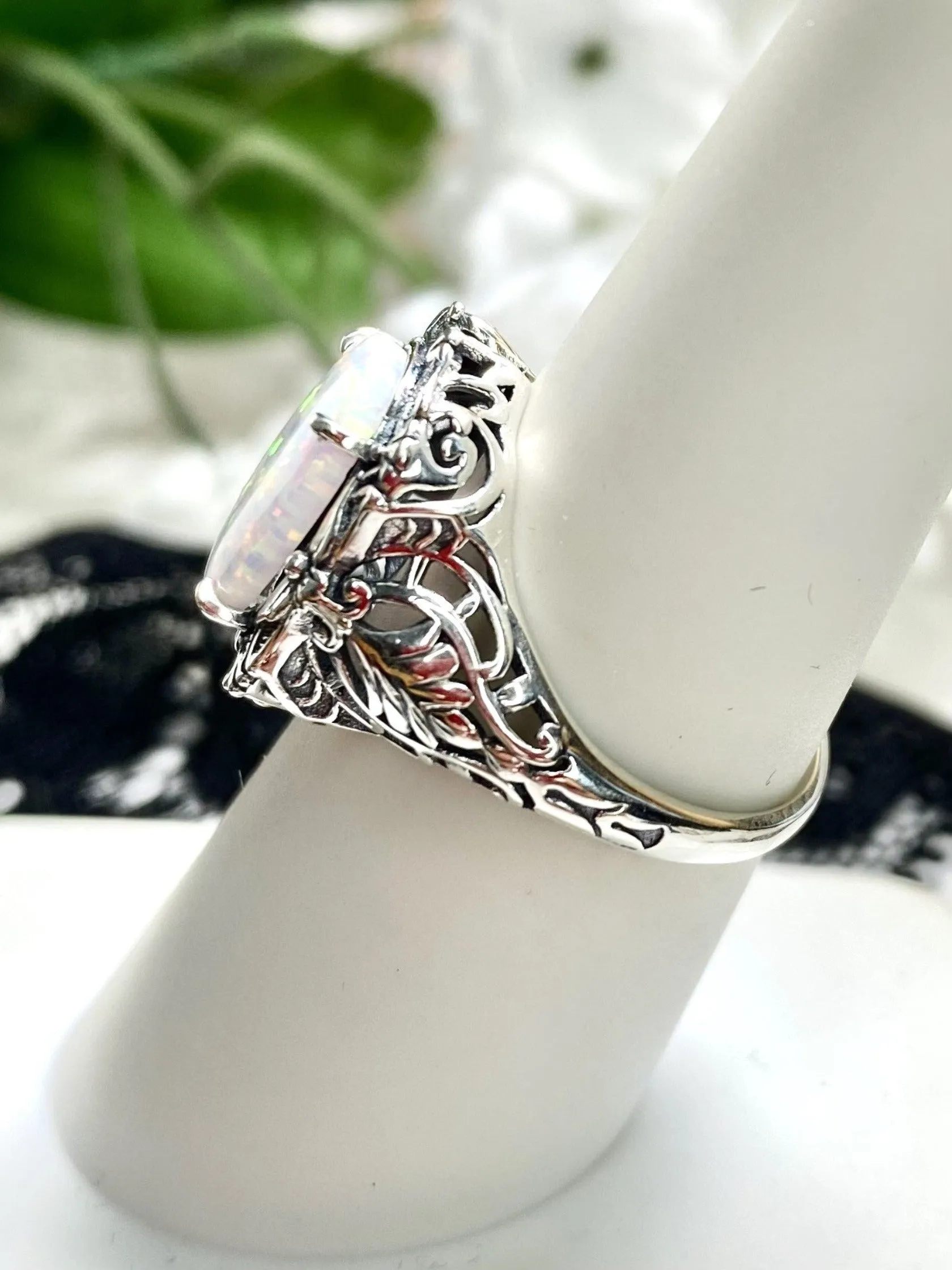 Opal Ring, Oval Art Nouveau Style, Vintage Sterling Silver Filigree Ring, Beauty Ring, D229