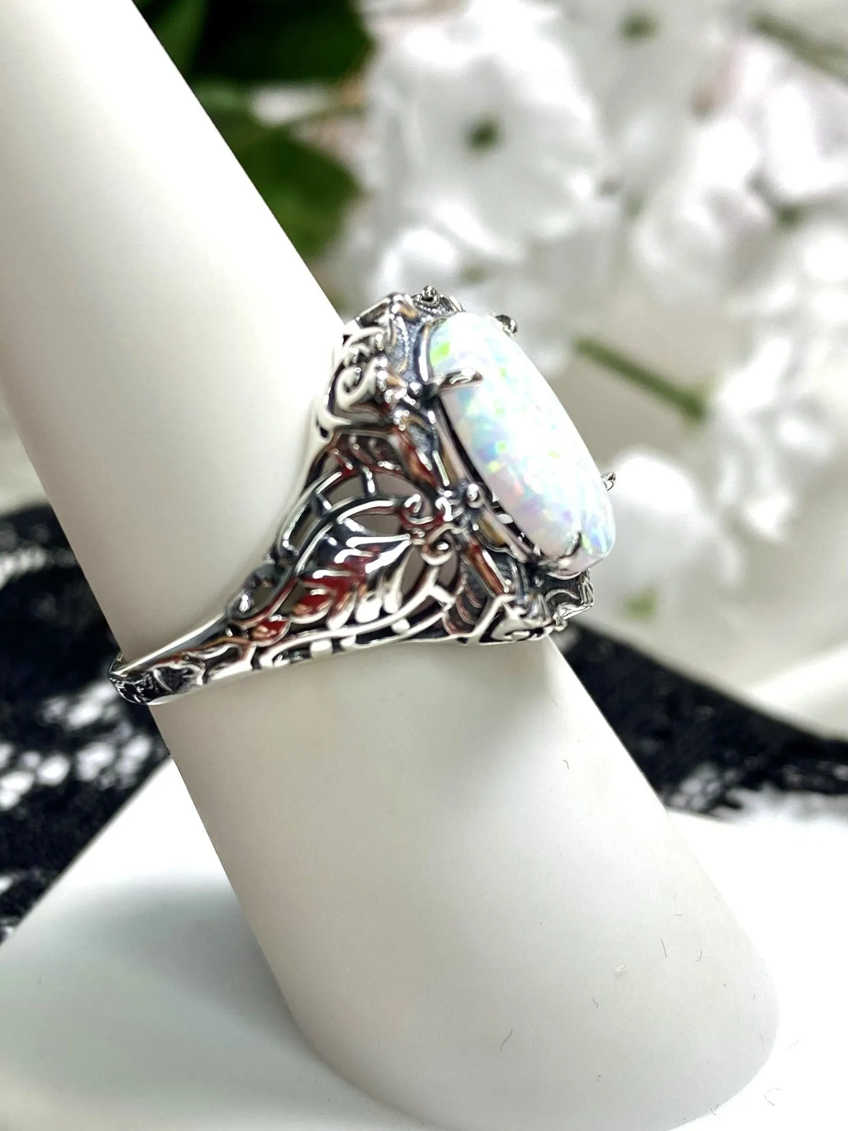 Opal Ring, Oval Art Nouveau Style, Vintage Sterling Silver Filigree Ring, Beauty Ring, D229