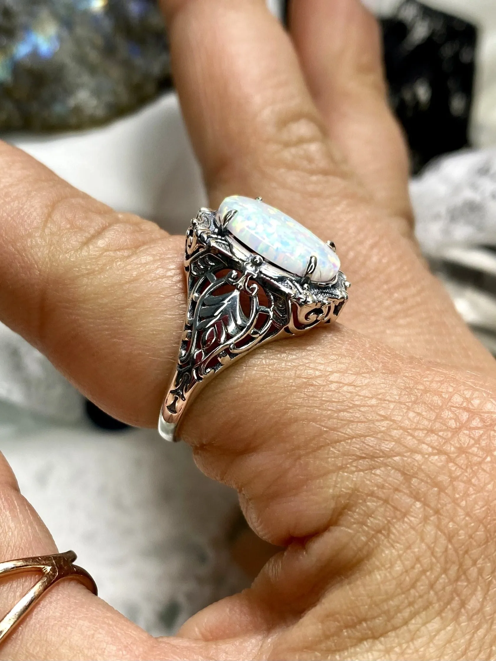 Opal Ring, Oval Art Nouveau Style, Vintage Sterling Silver Filigree Ring, Beauty Ring, D229