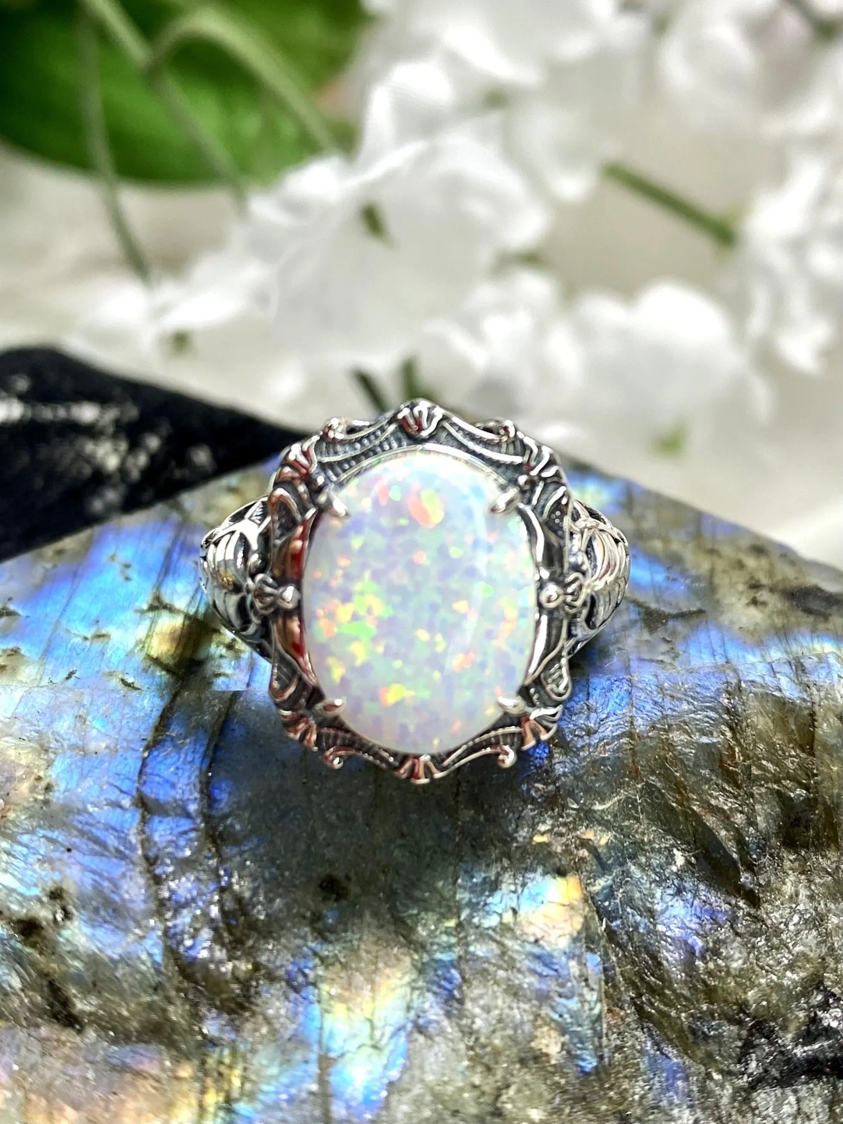 Opal Ring, Oval Art Nouveau Style, Vintage Sterling Silver Filigree Ring, Beauty Ring, D229