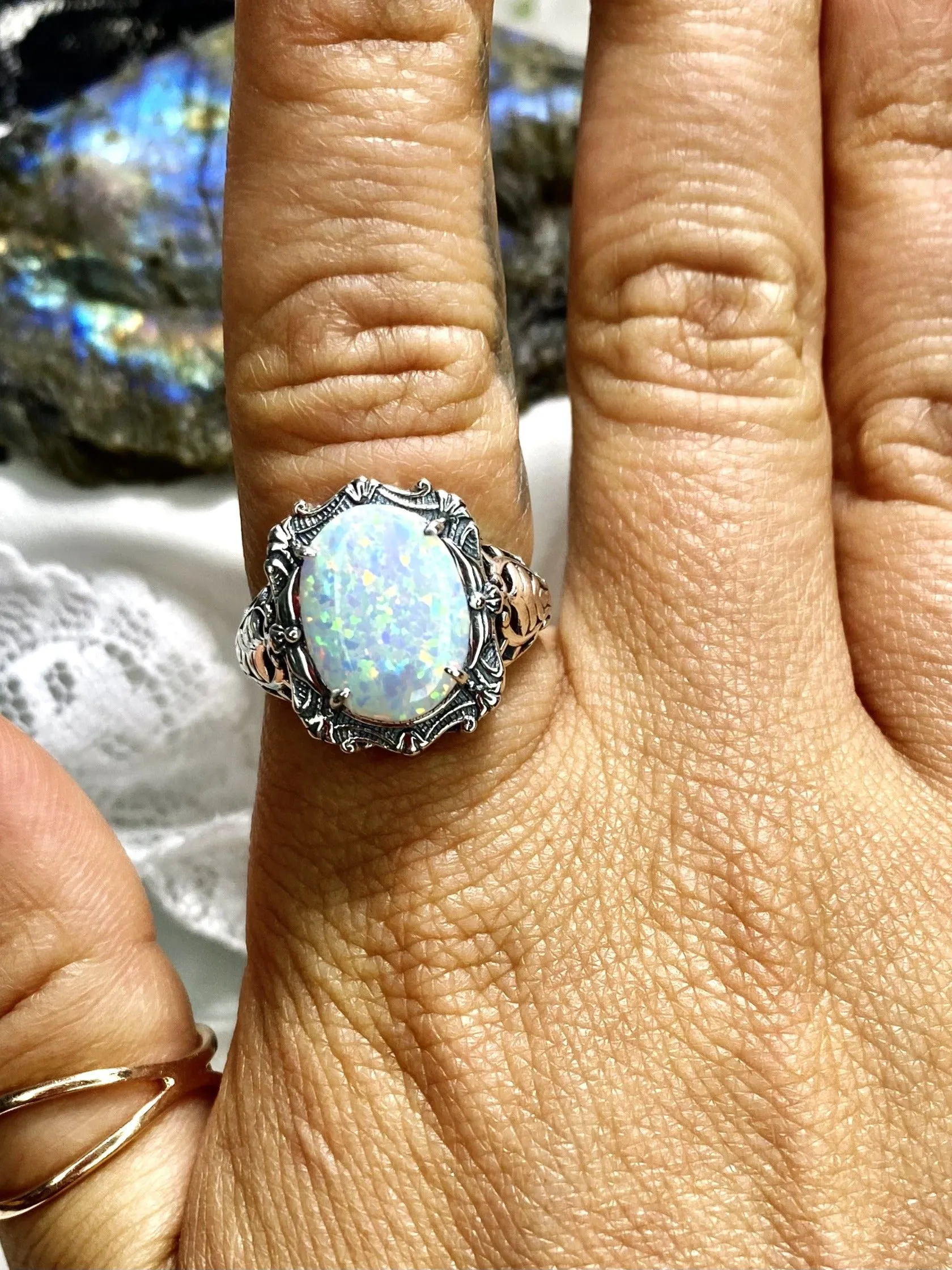 Opal Ring, Oval Art Nouveau Style, Vintage Sterling Silver Filigree Ring, Beauty Ring, D229