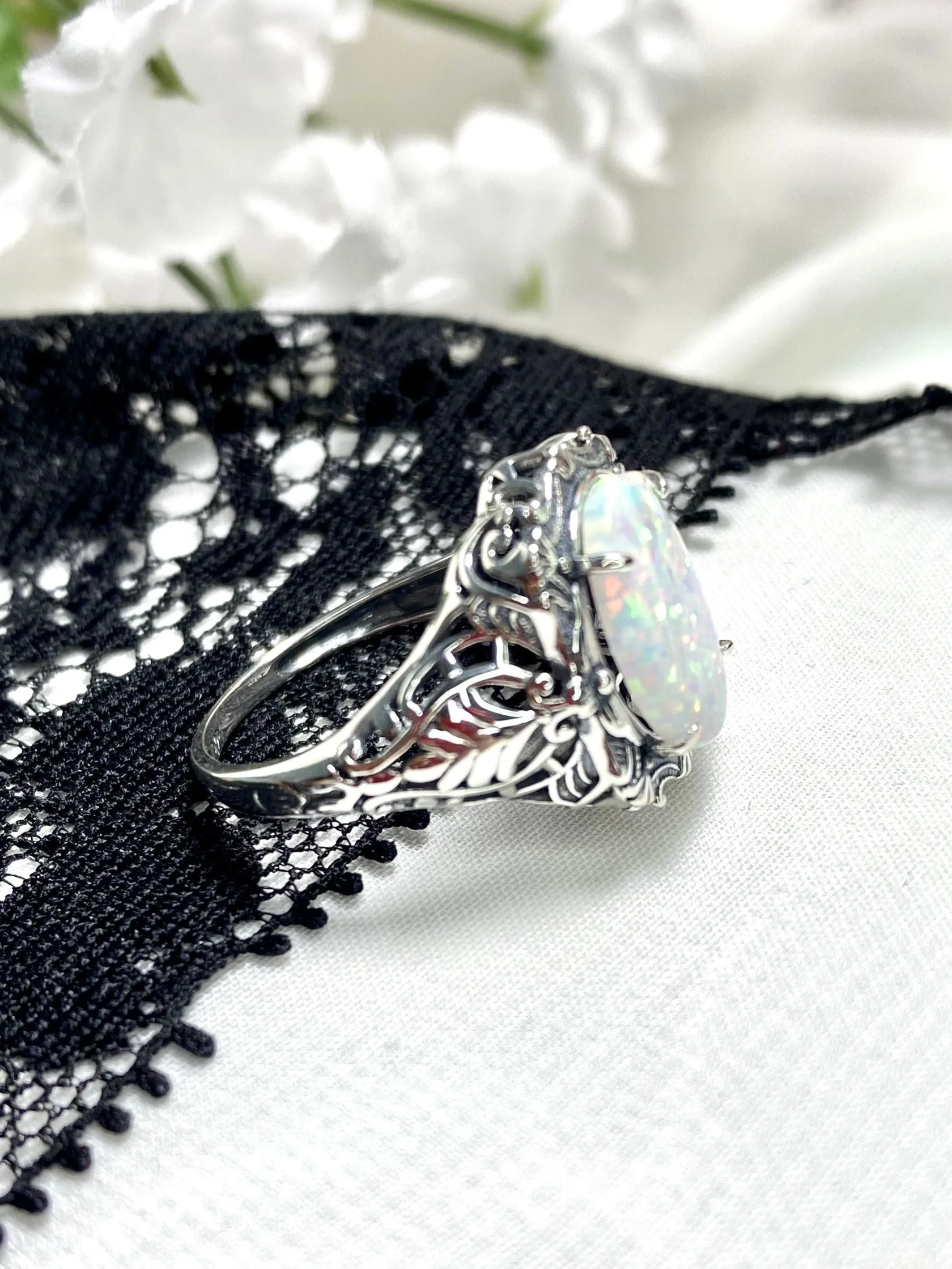 Opal Ring, Oval Art Nouveau Style, Vintage Sterling Silver Filigree Ring, Beauty Ring, D229