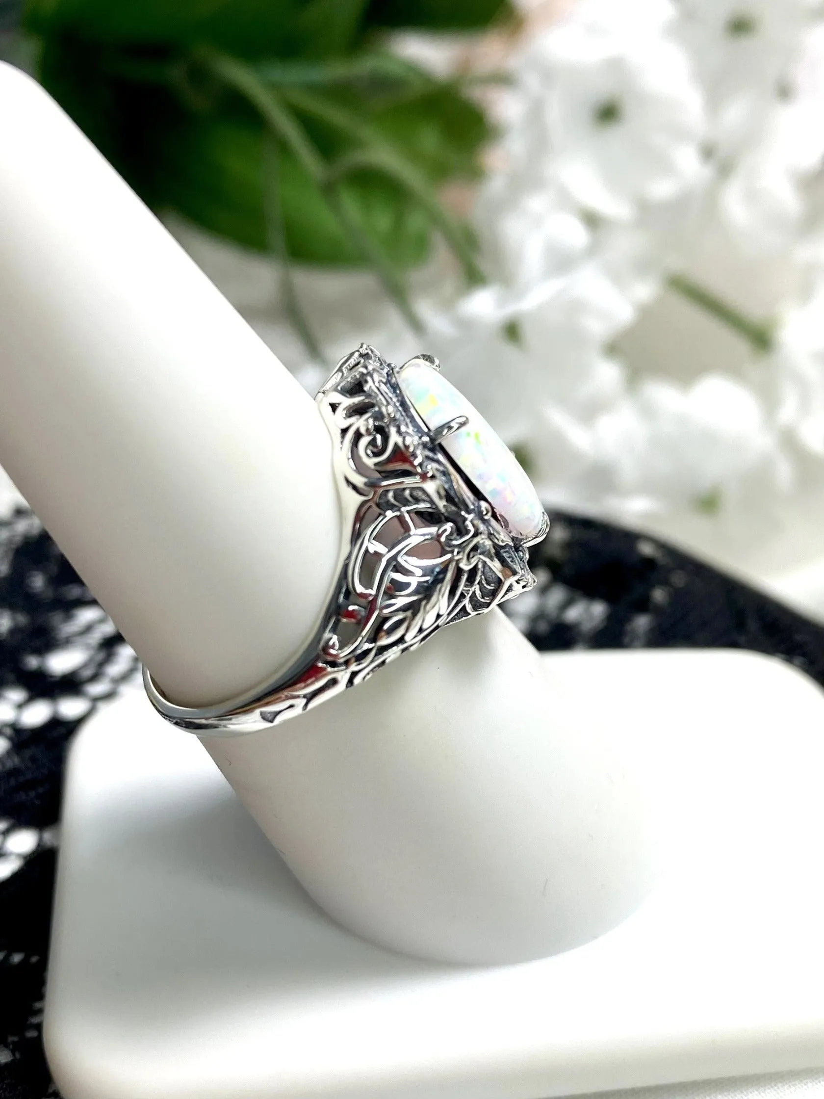 Opal Ring, Oval Art Nouveau Style, Vintage Sterling Silver Filigree Ring, Beauty Ring, D229