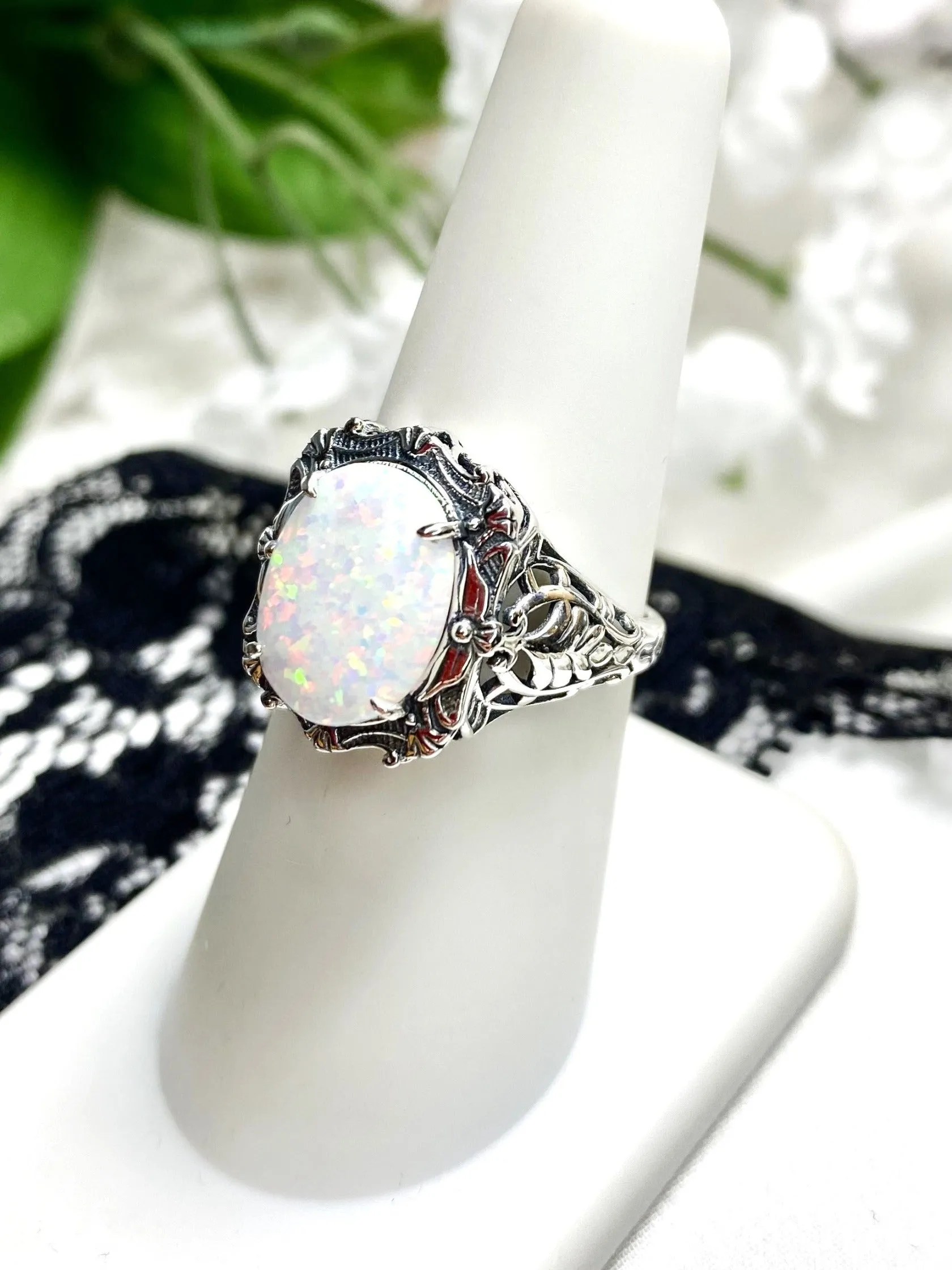 Opal Ring, Oval Art Nouveau Style, Vintage Sterling Silver Filigree Ring, Beauty Ring, D229