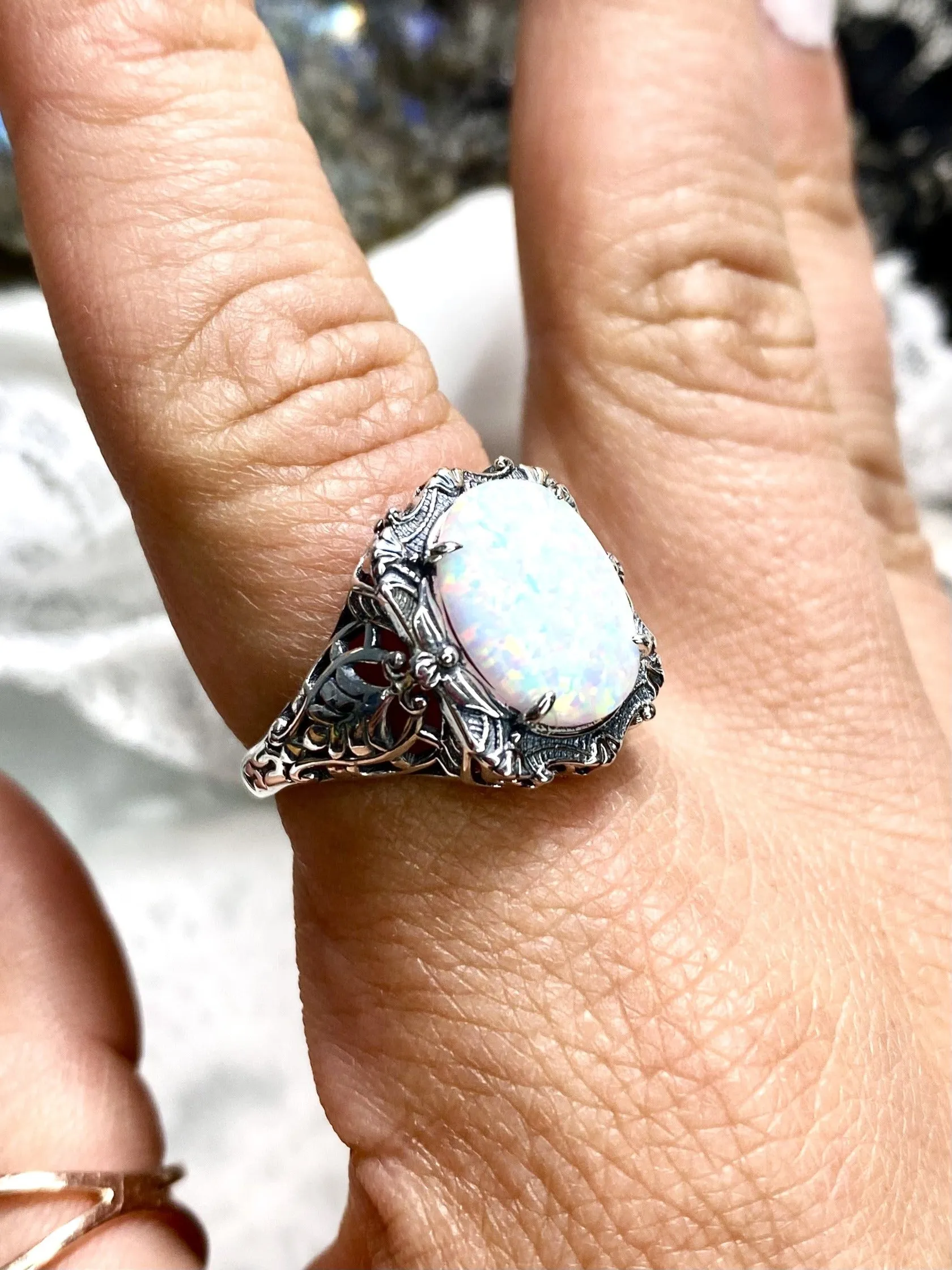 Opal Ring, Oval Art Nouveau Style, Vintage Sterling Silver Filigree Ring, Beauty Ring, D229