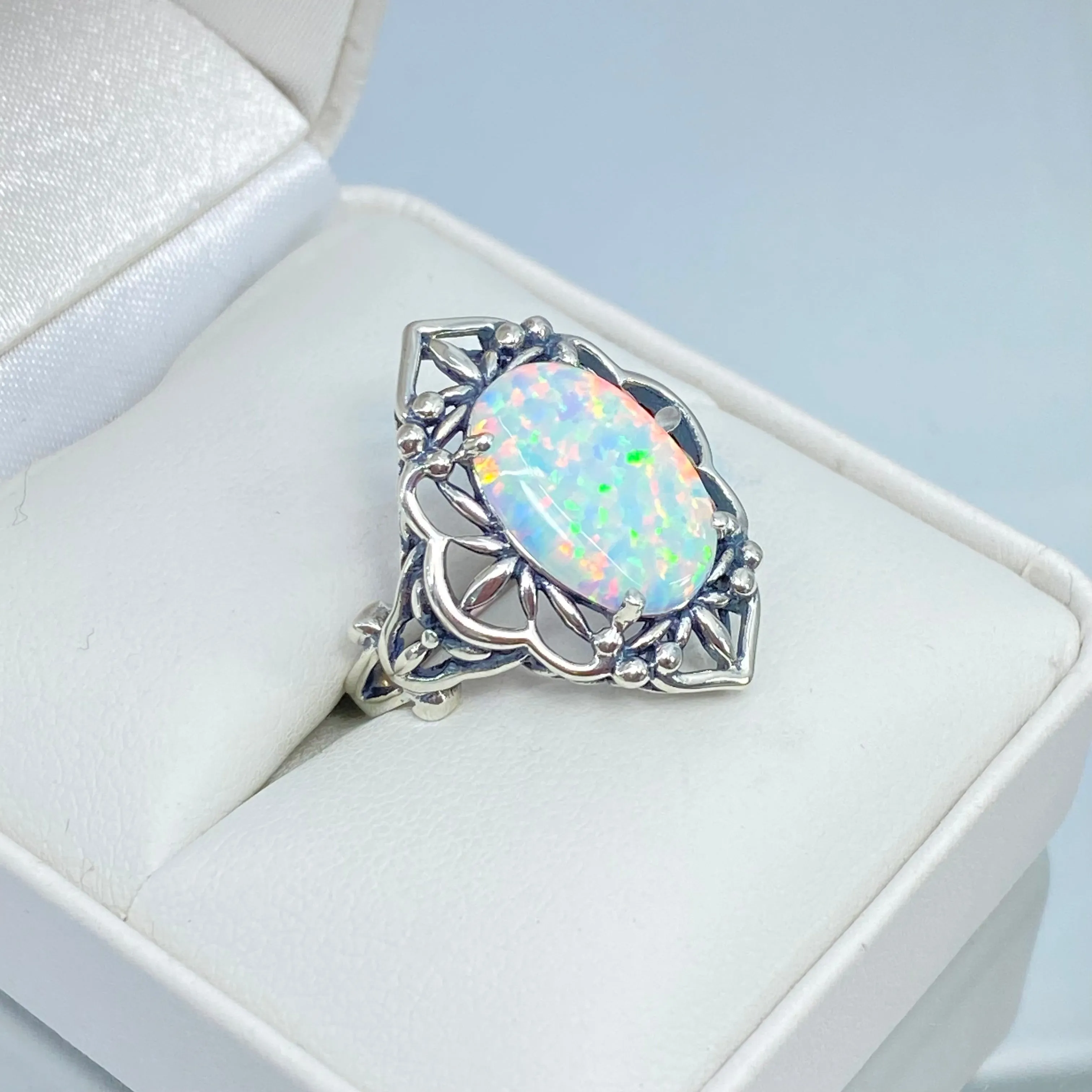 Opal Ring, Size 6, Gothic Filigree Ring - Vintage Style Ring D98 - Ready to Ship