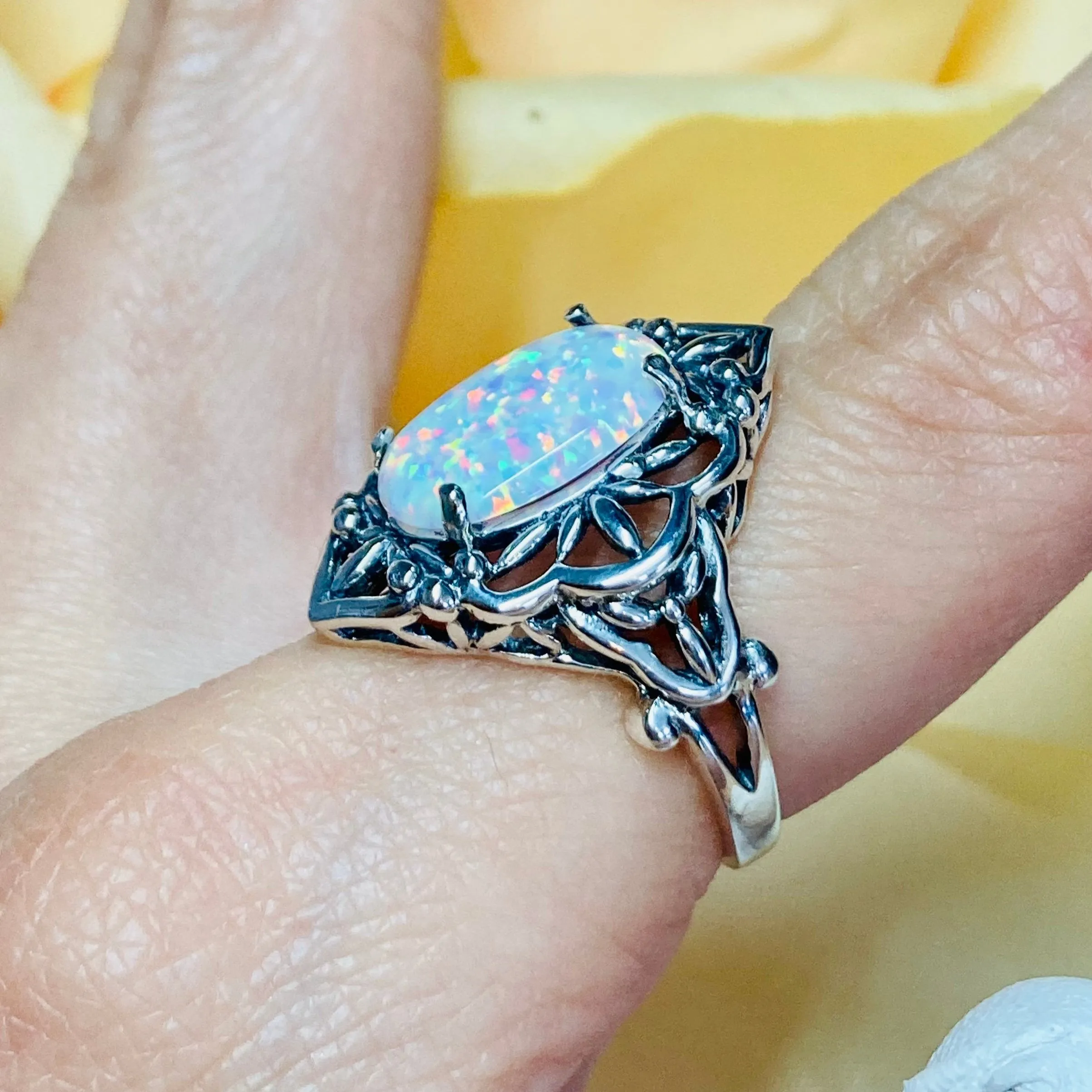 Opal Ring, Size 6, Gothic Filigree Ring - Vintage Style Ring D98 - Ready to Ship
