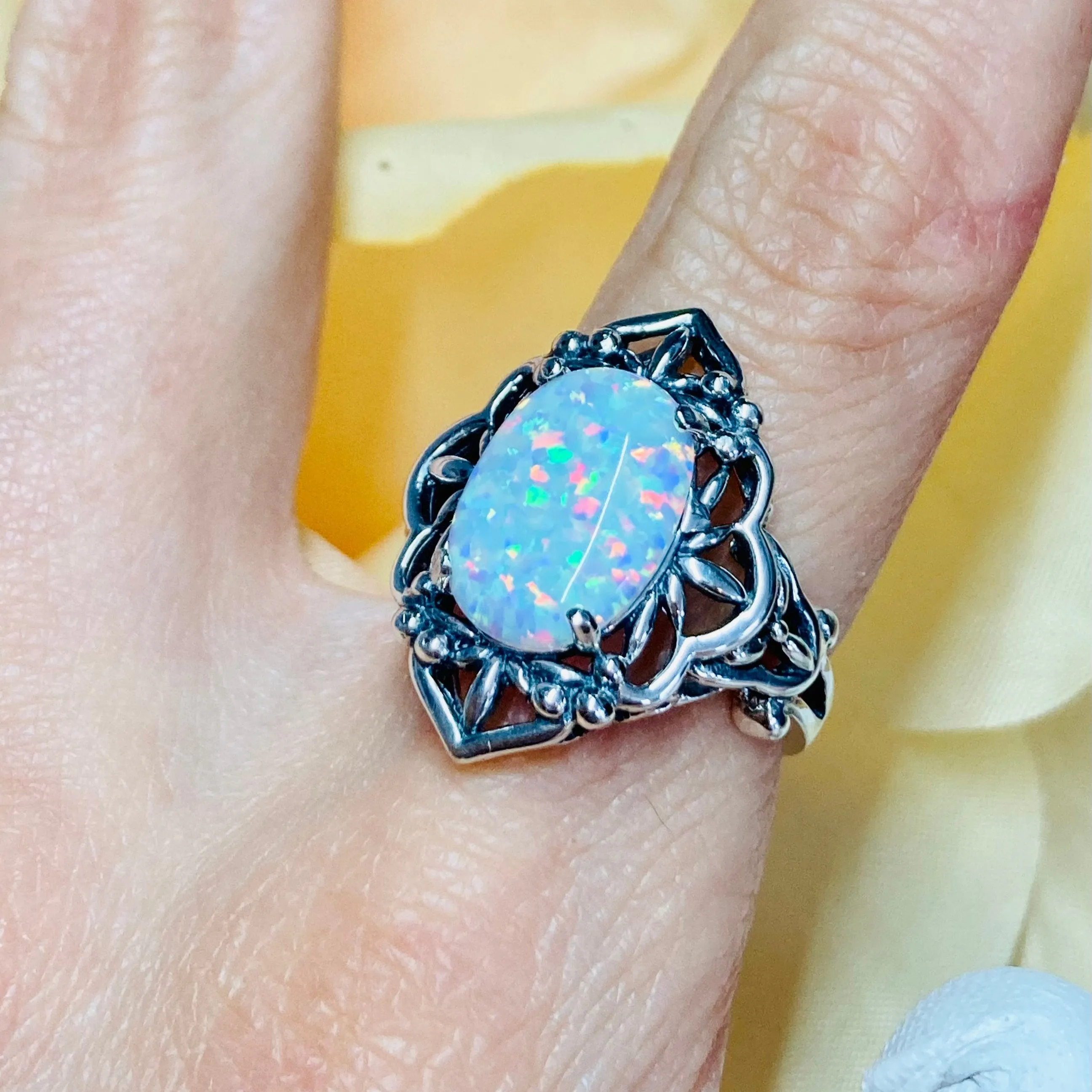 Opal Ring, Size 6, Gothic Filigree Ring - Vintage Style Ring D98 - Ready to Ship