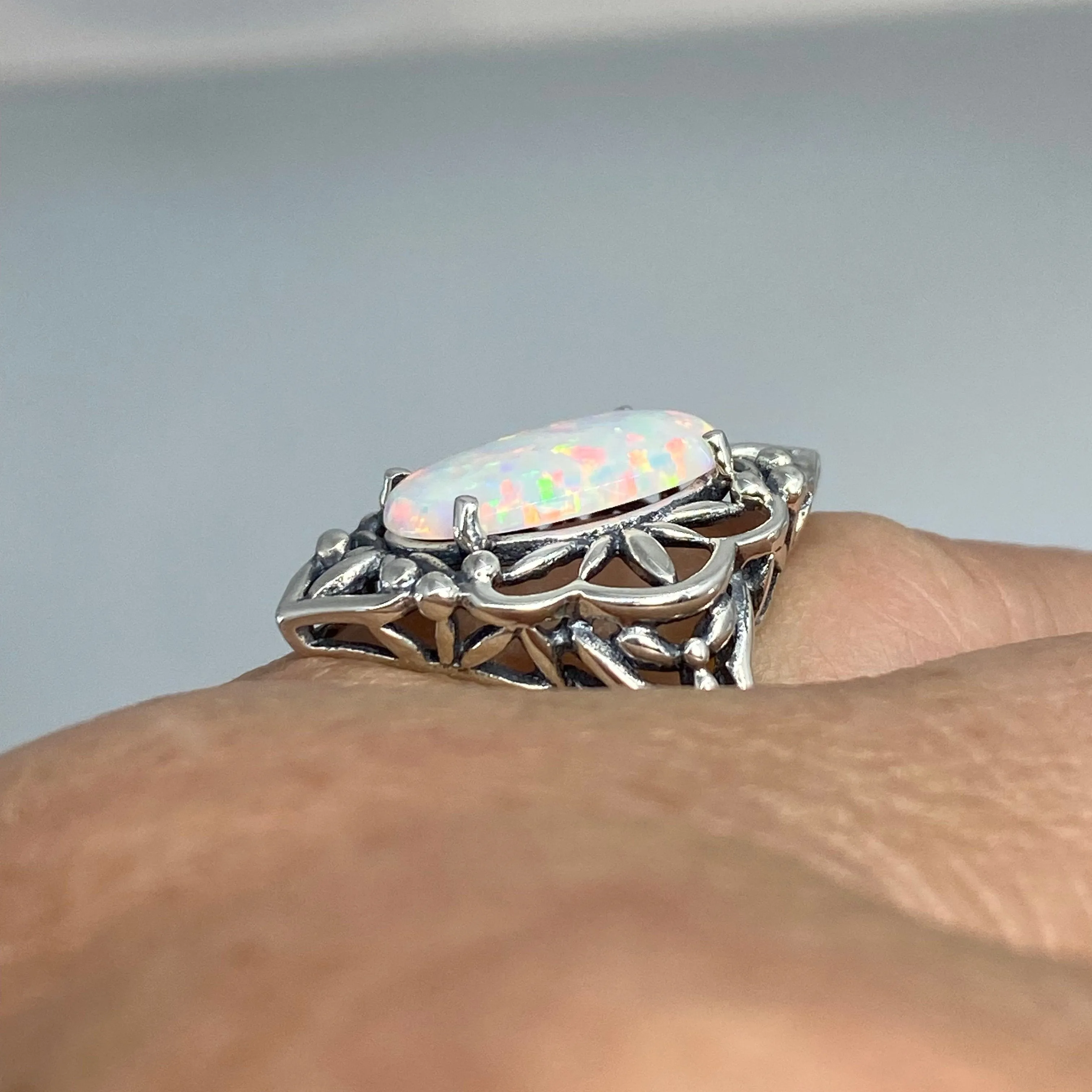 Opal Ring, Size 6, Gothic Filigree Ring - Vintage Style Ring D98 - Ready to Ship