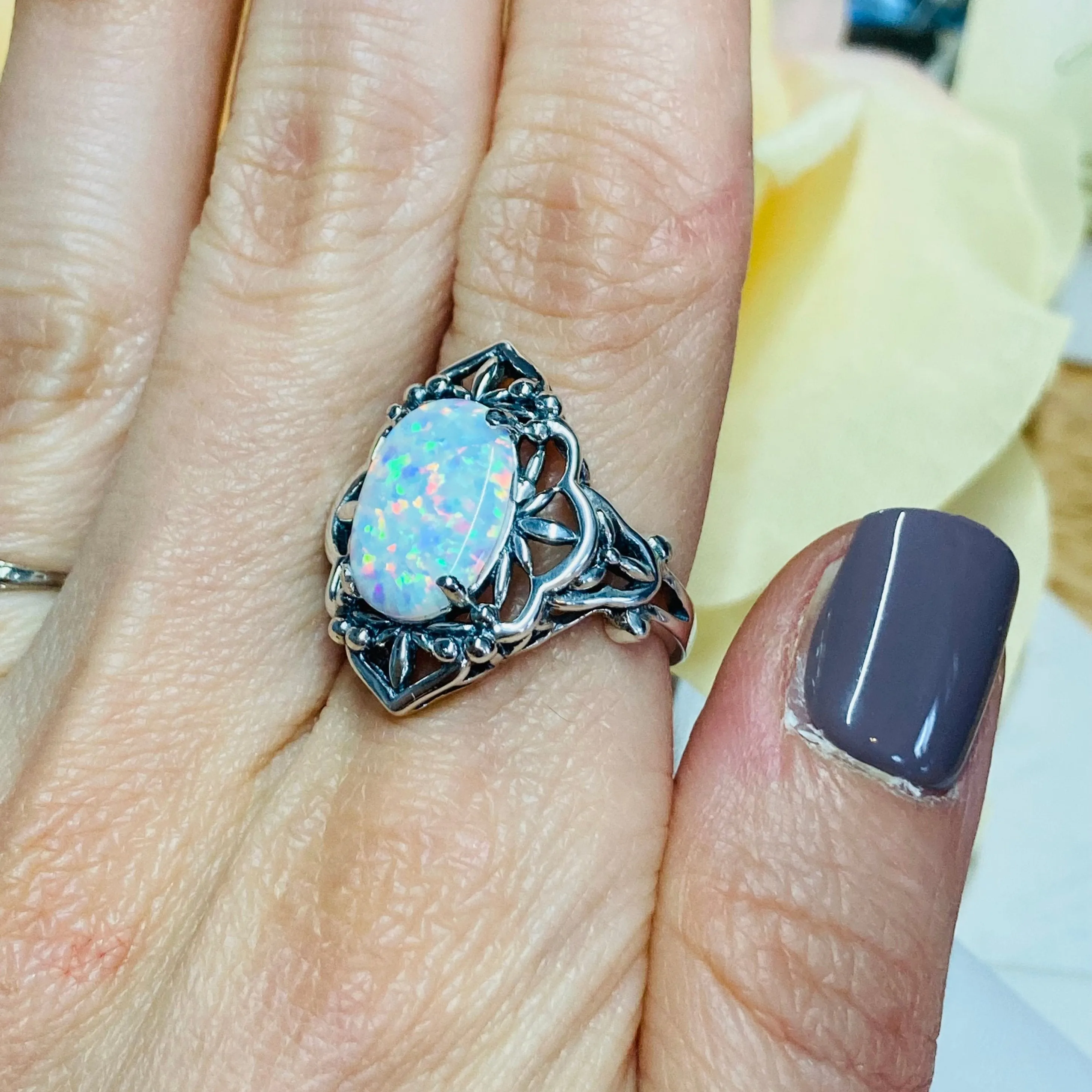 Opal Ring, Size 6, Gothic Filigree Ring - Vintage Style Ring D98 - Ready to Ship