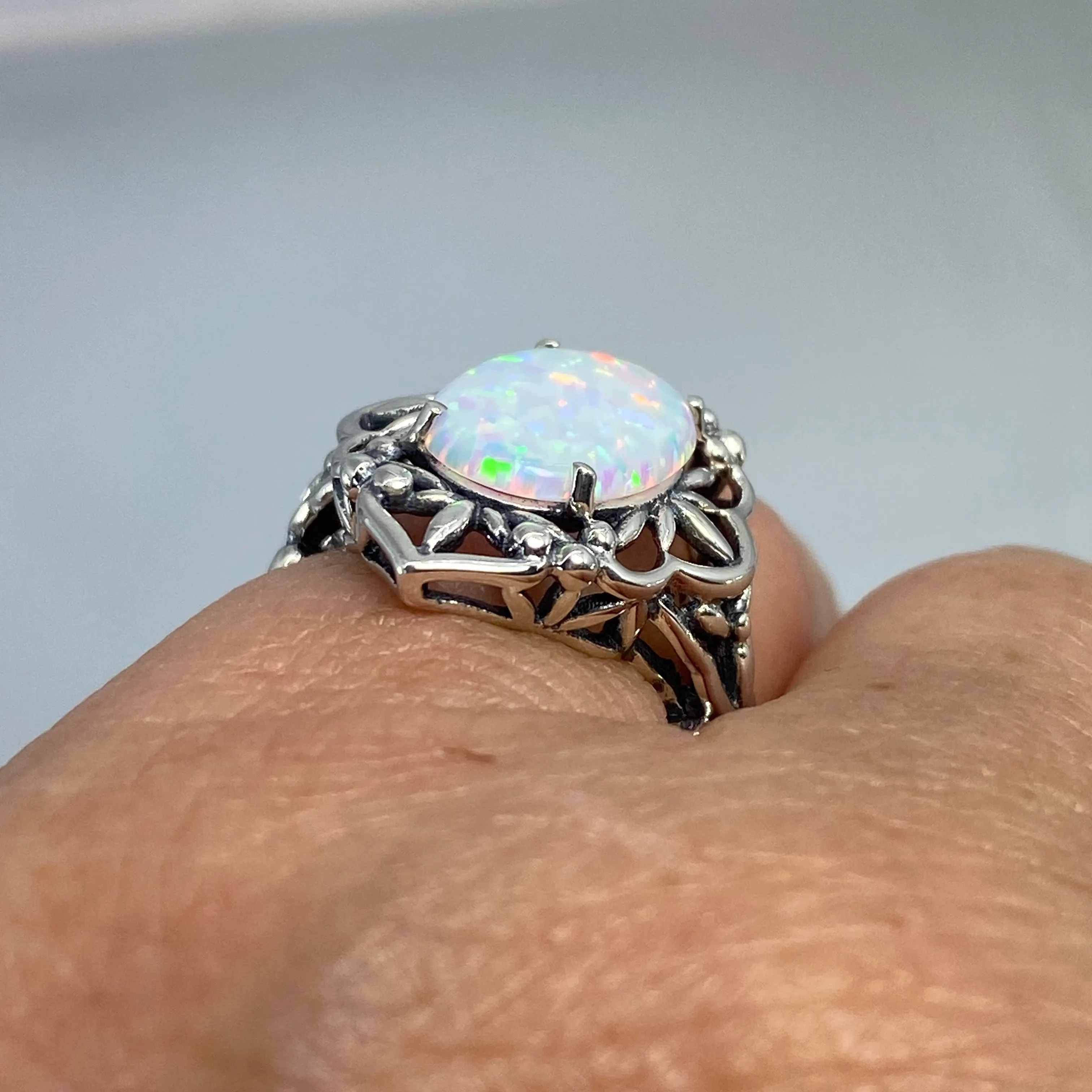 Opal Ring, Size 6, Gothic Filigree Ring - Vintage Style Ring D98 - Ready to Ship