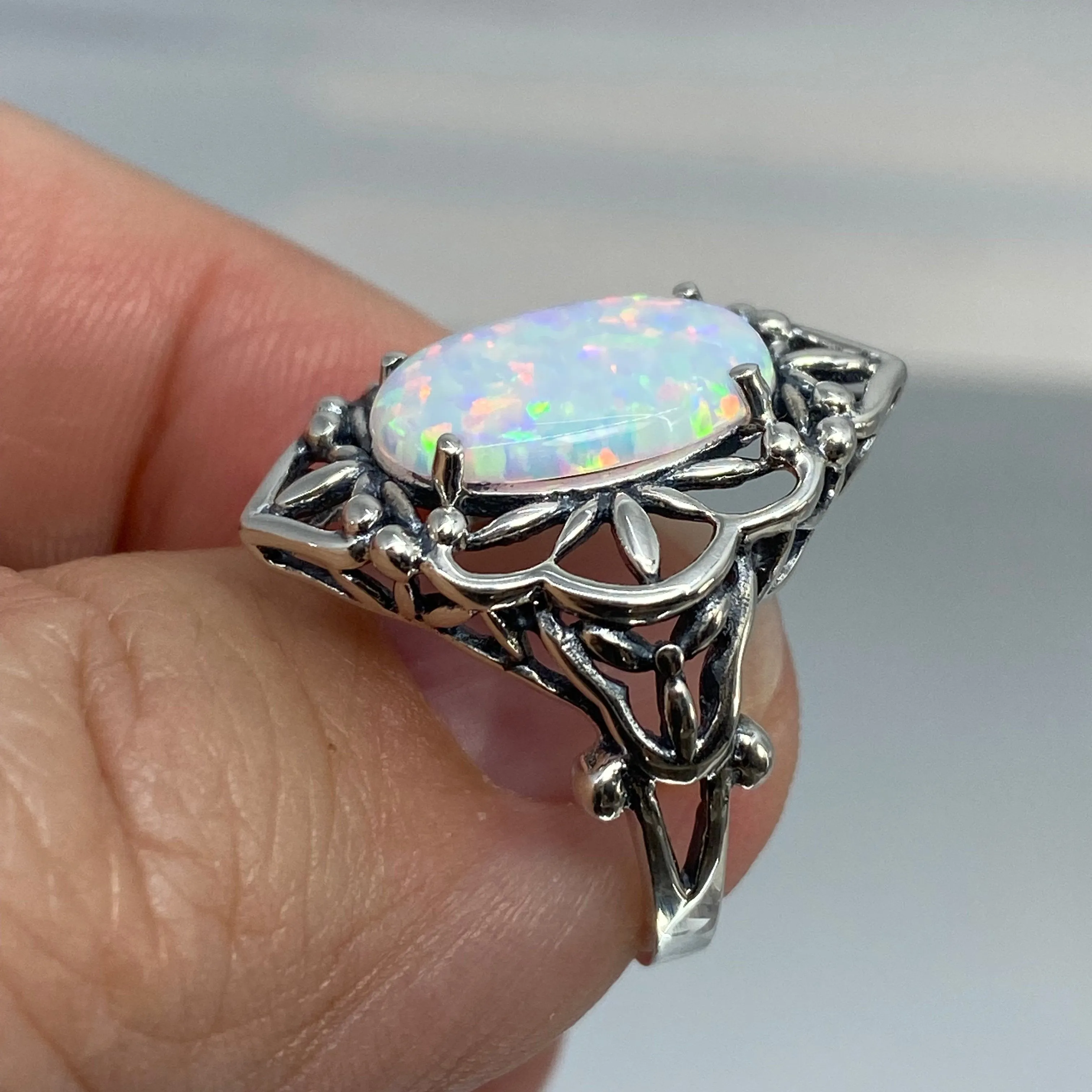Opal Ring, Size 6, Gothic Filigree Ring - Vintage Style Ring D98 - Ready to Ship