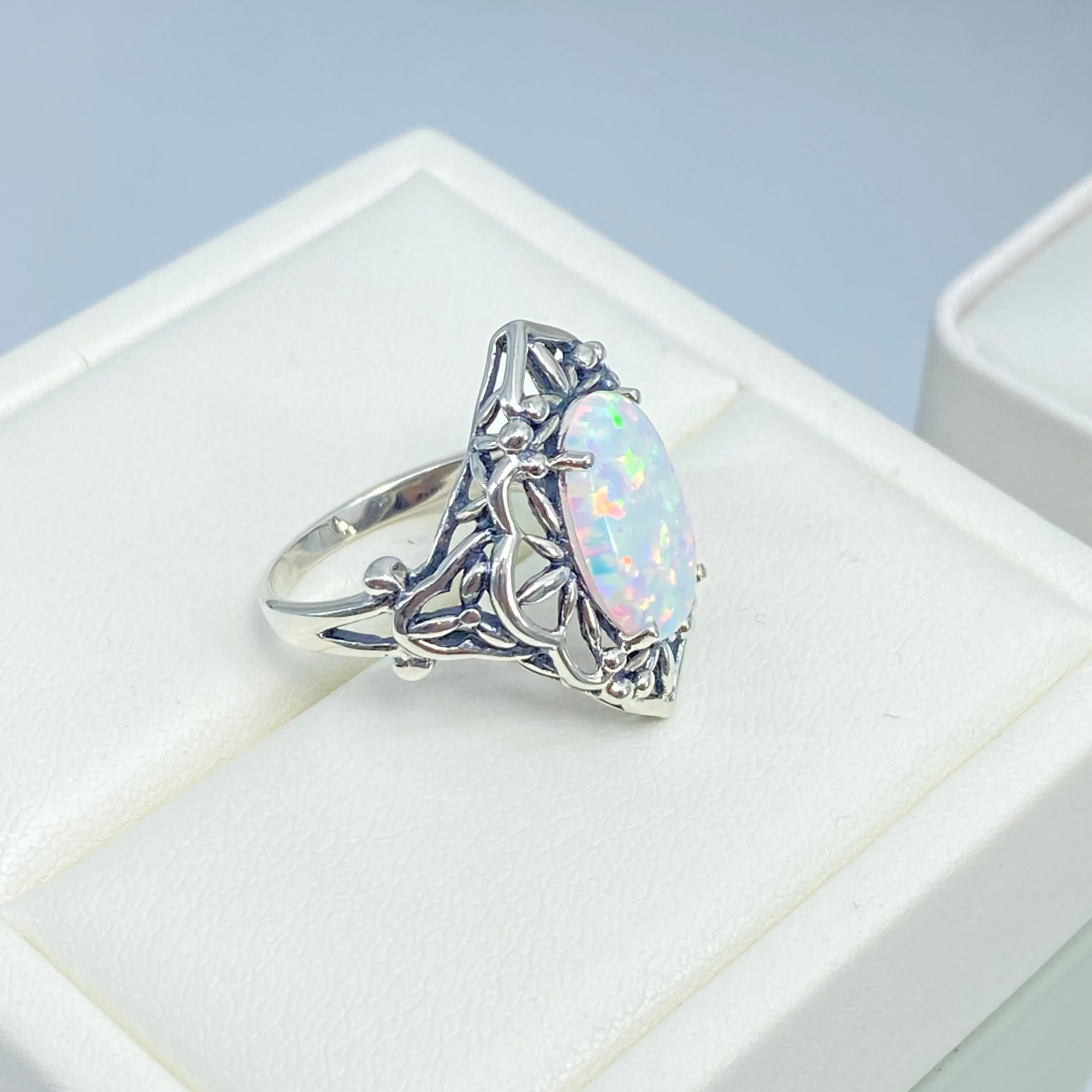 Opal Ring, Size 6, Gothic Filigree Ring - Vintage Style Ring D98 - Ready to Ship