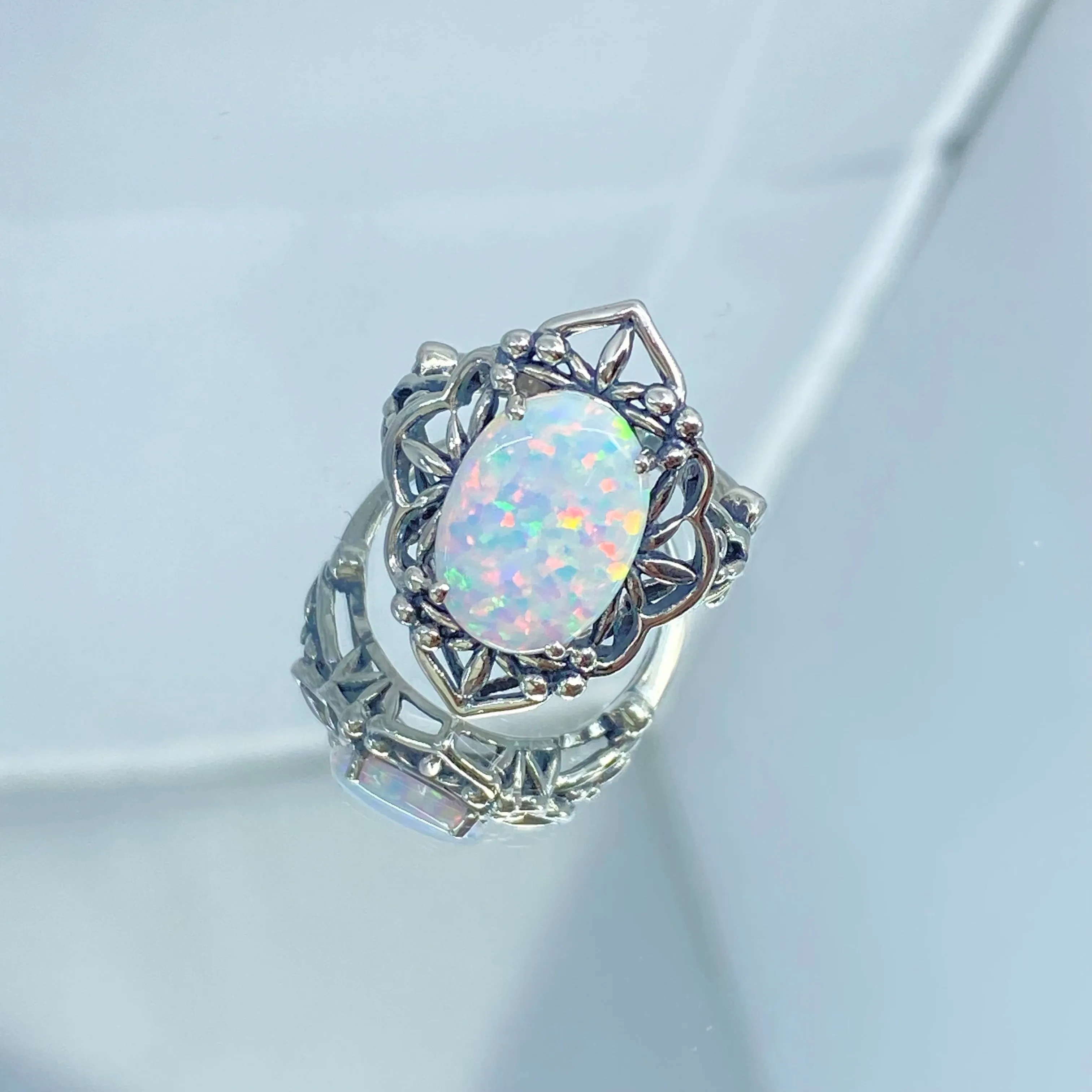 Opal Ring, Size 6, Gothic Filigree Ring - Vintage Style Ring D98 - Ready to Ship