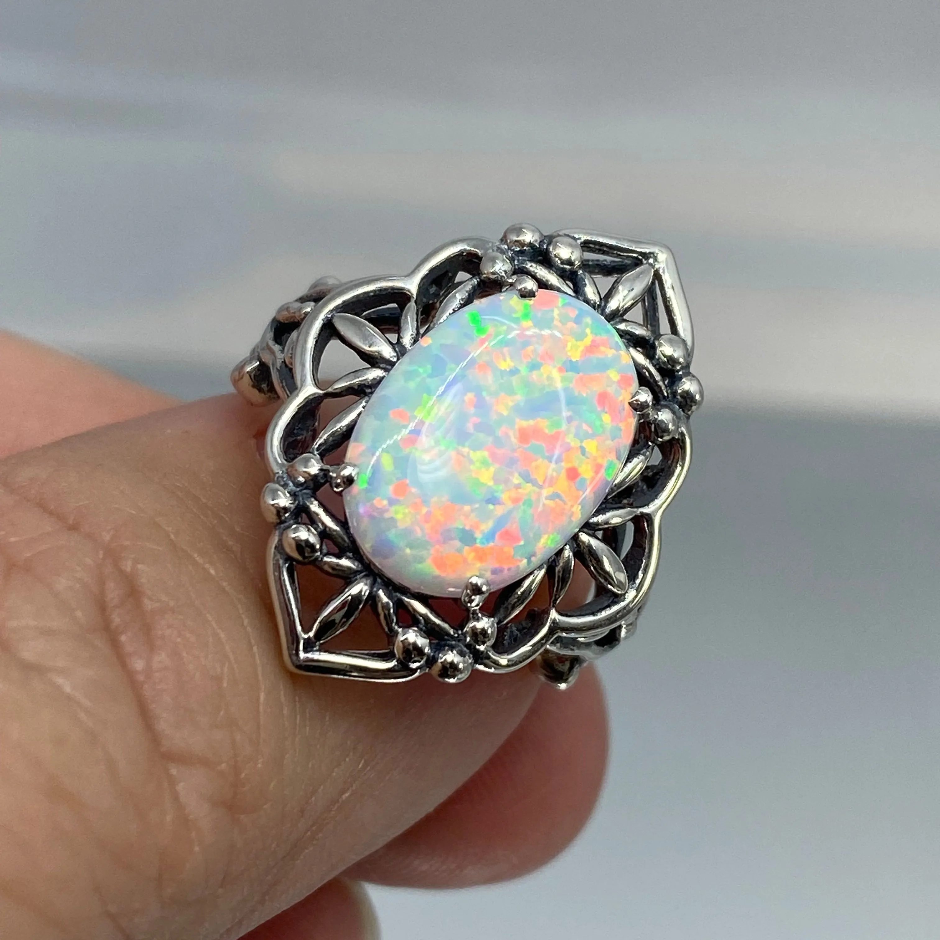 Opal Ring, Size 6, Gothic Filigree Ring - Vintage Style Ring D98 - Ready to Ship