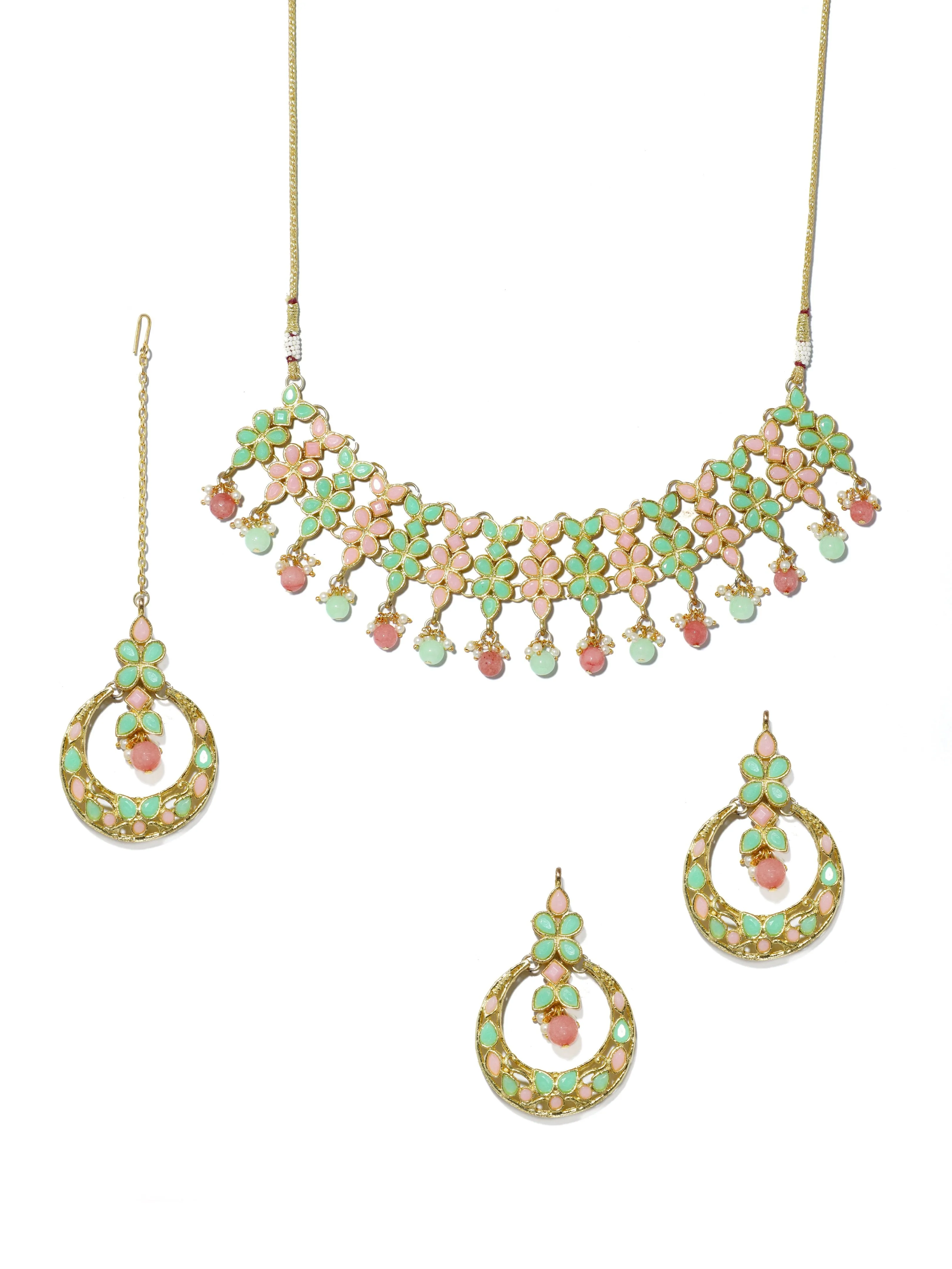 Peach & Lime Green Stones Studded Kundan Choker Necklace Set