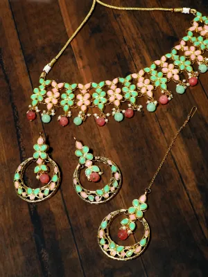 Peach & Lime Green Stones Studded Kundan Choker Necklace Set