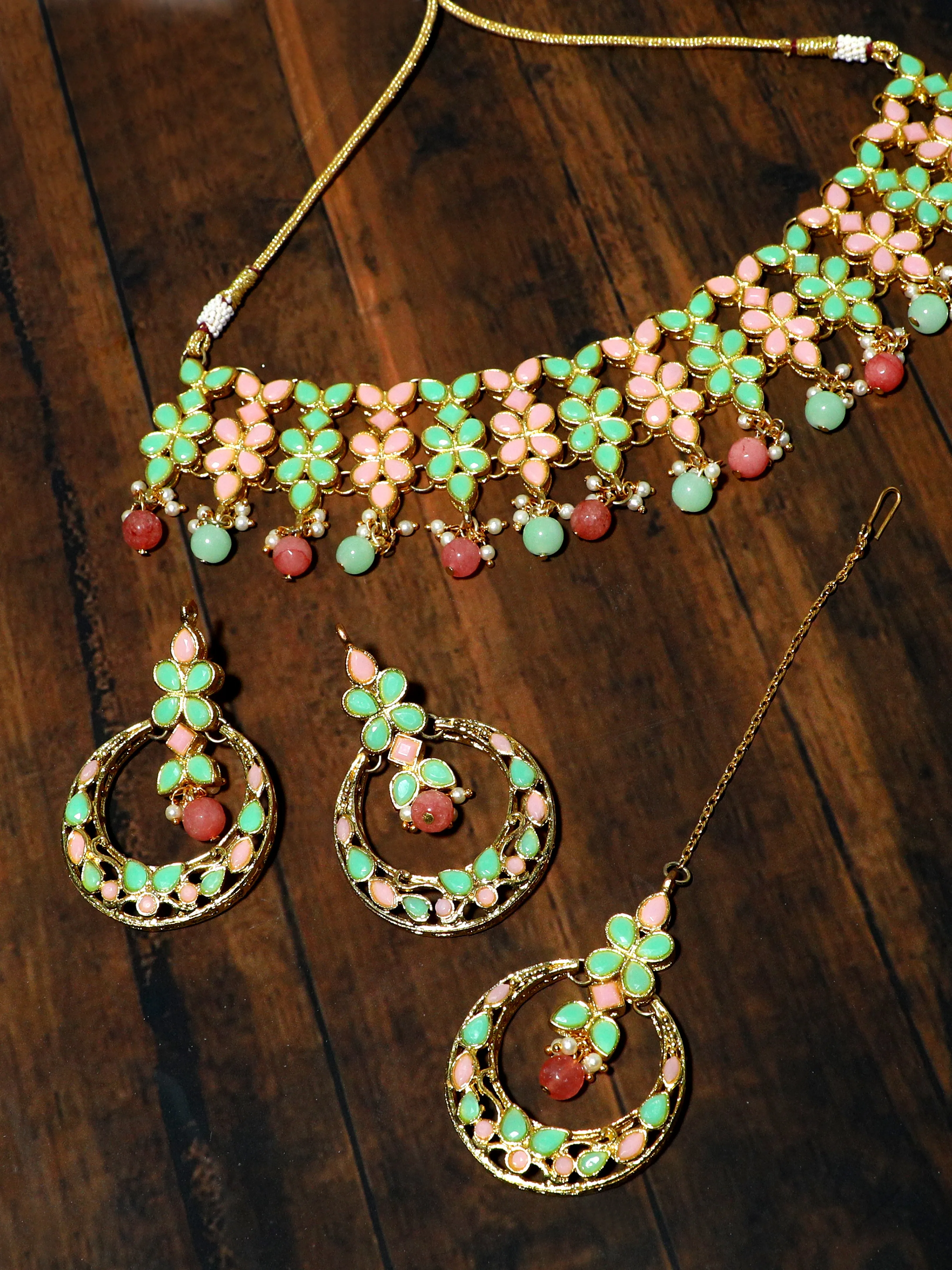 Peach & Lime Green Stones Studded Kundan Choker Necklace Set