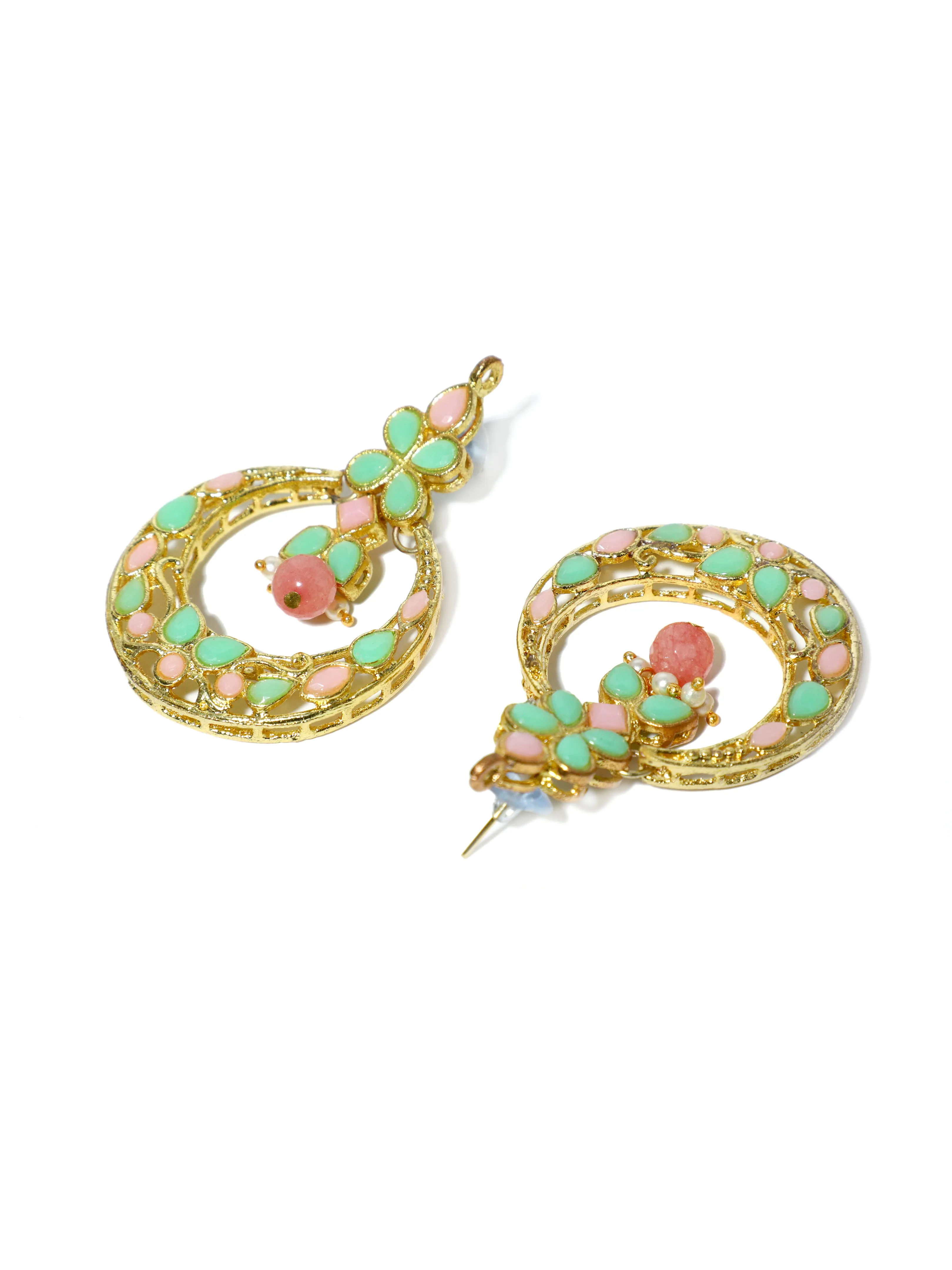 Peach & Lime Green Stones Studded Kundan Choker Necklace Set