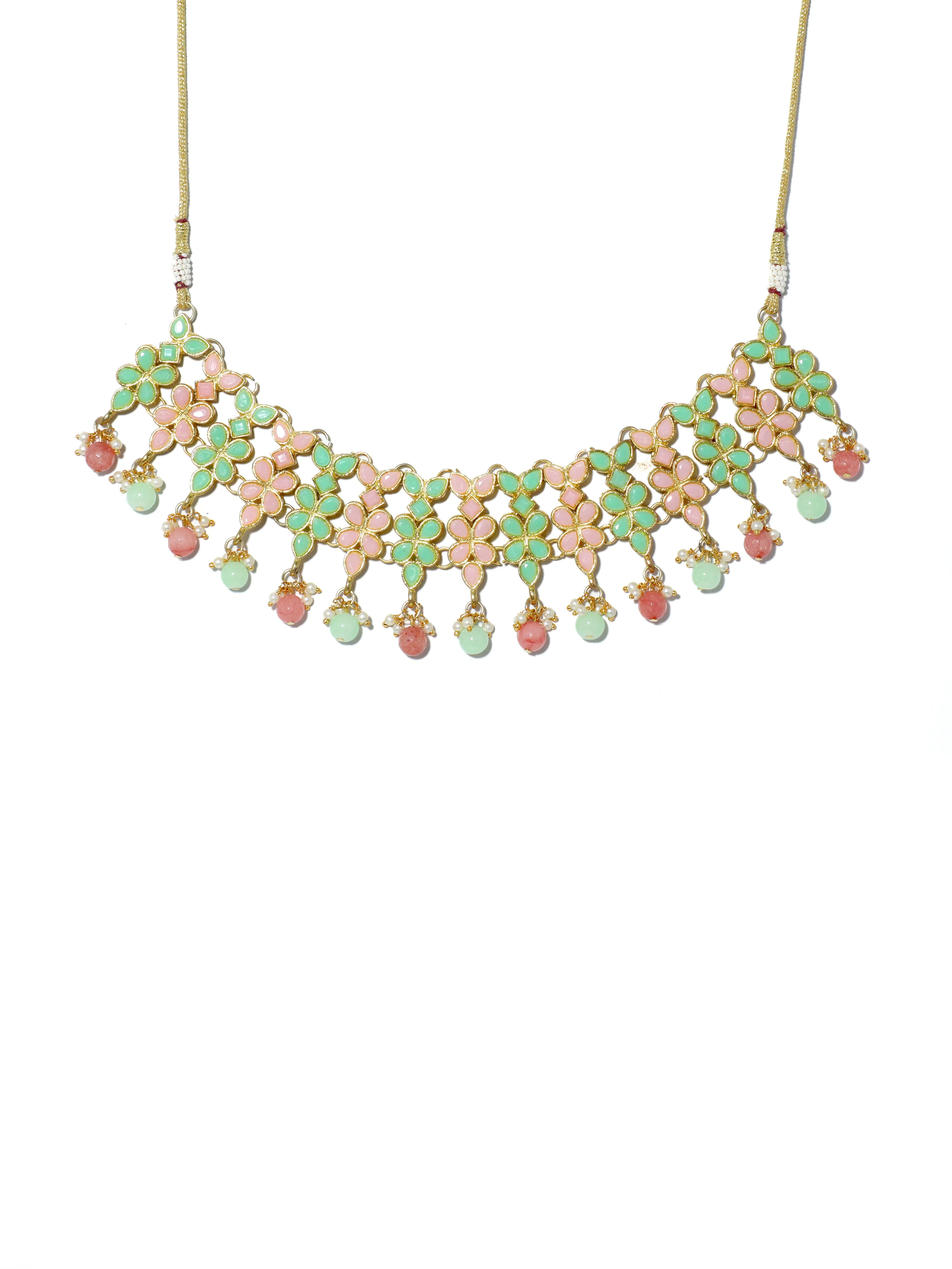Peach & Lime Green Stones Studded Kundan Choker Necklace Set
