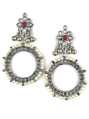 Pearl Studded Oxidised Silver Hoop Earrings