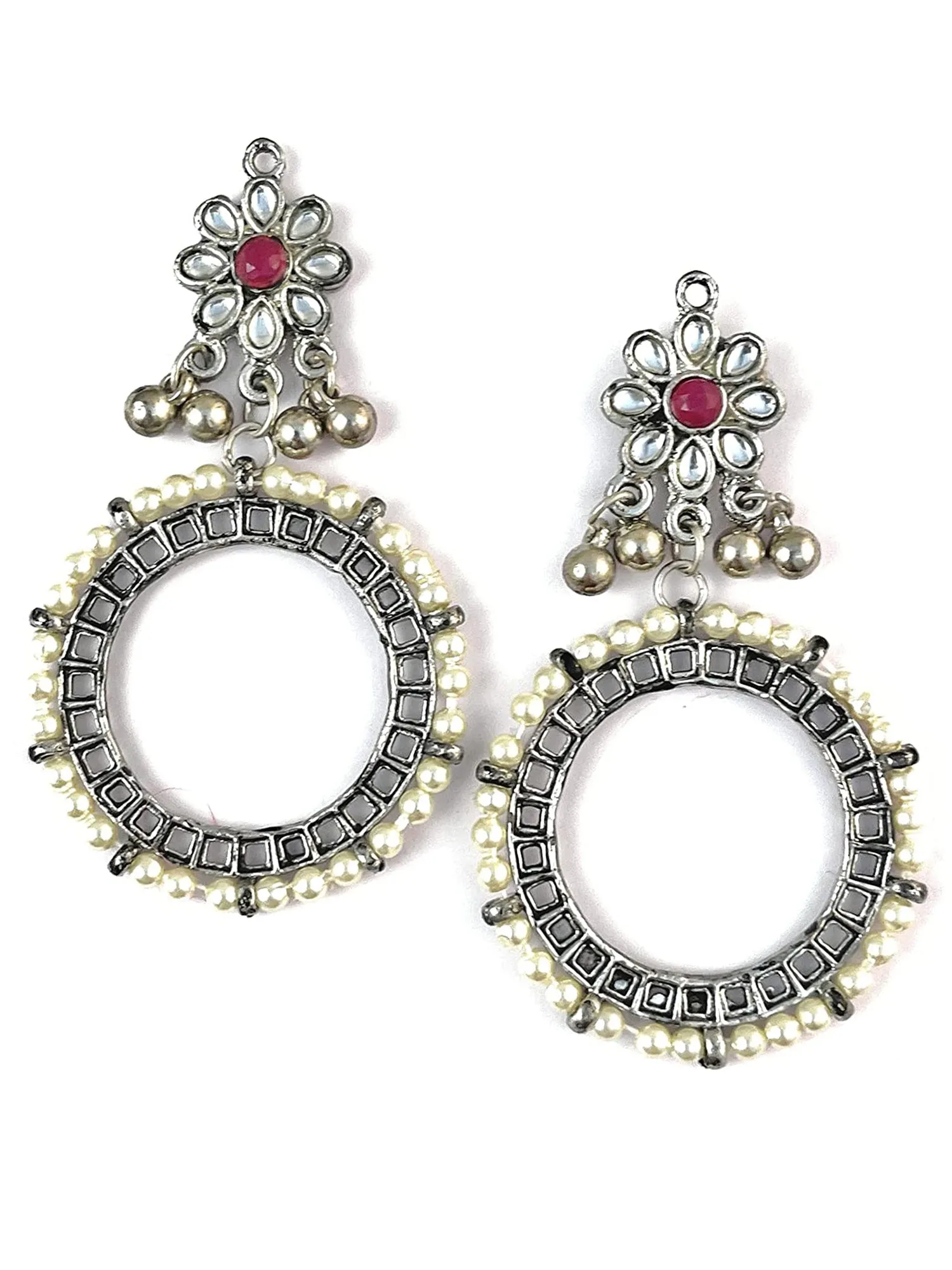 Pearl Studded Oxidised Silver Hoop Earrings
