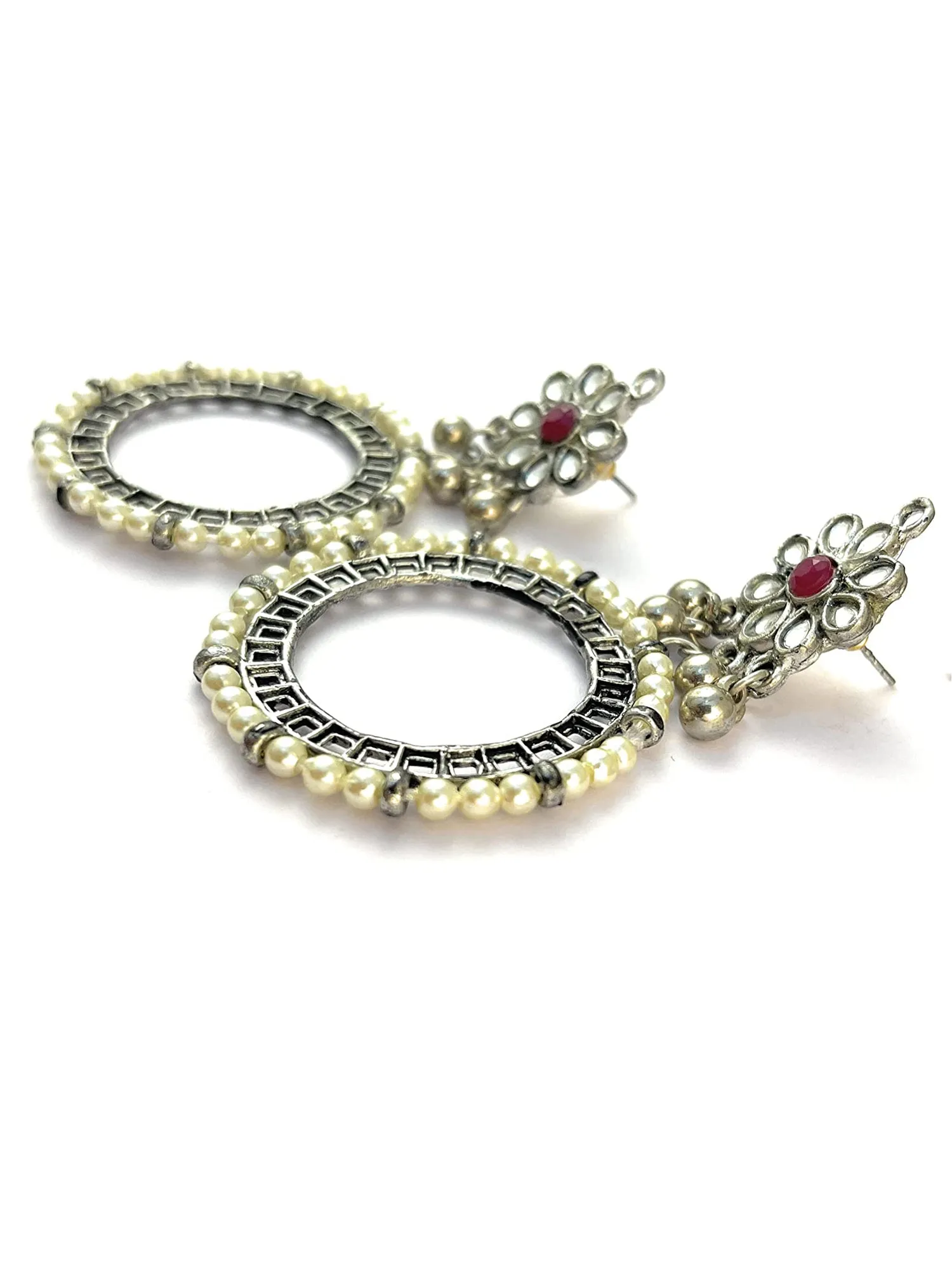 Pearl Studded Oxidised Silver Hoop Earrings