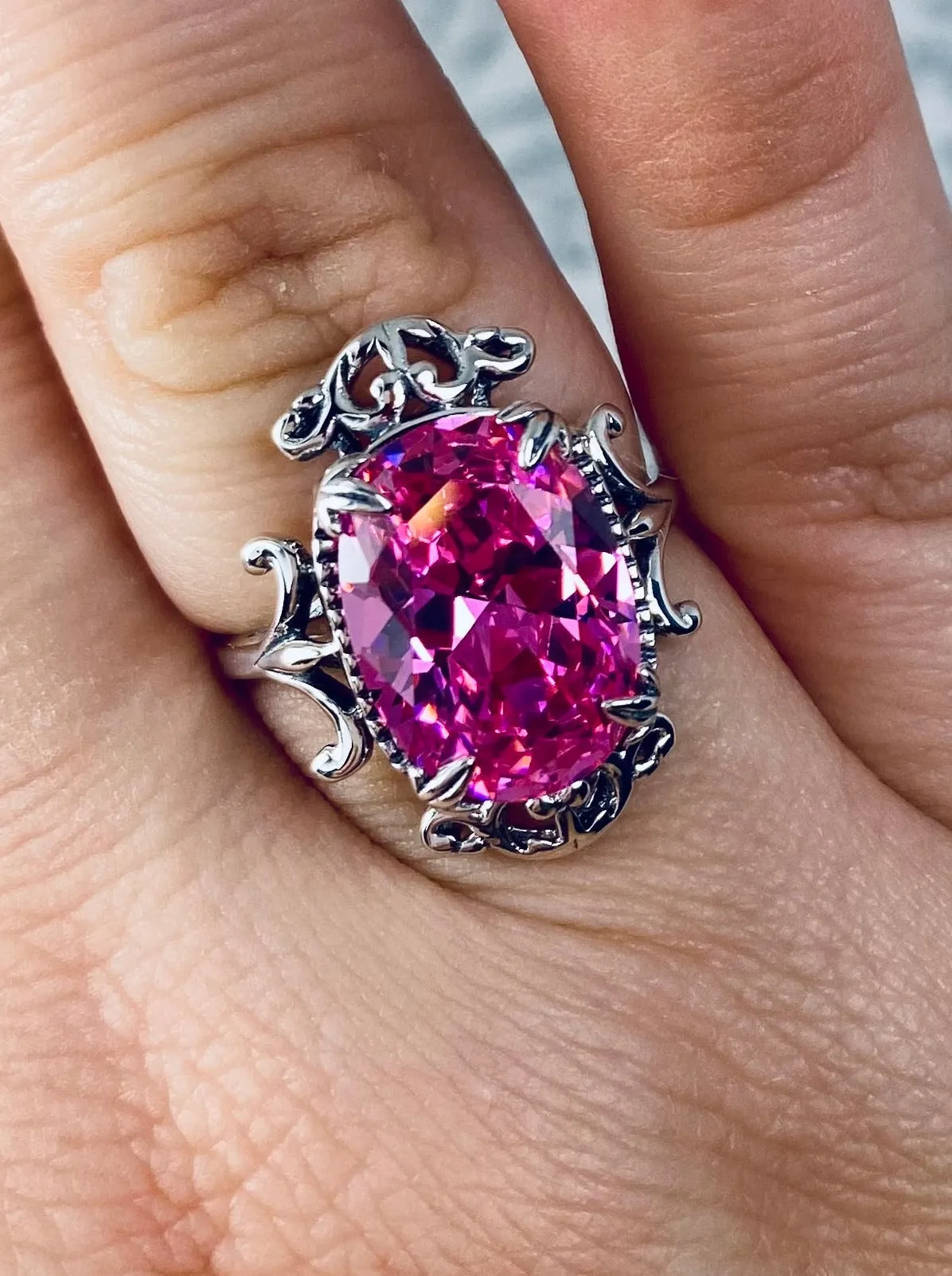 Pink CZ Ring, Oval Gem, Gothic Vintage Style Jewelry, #D84