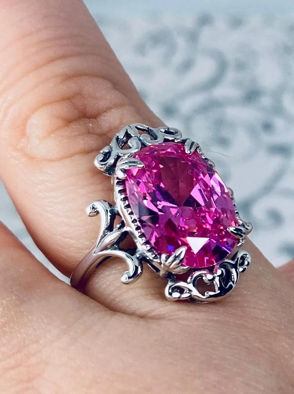 Pink CZ Ring, Oval Gem, Gothic Vintage Style Jewelry, #D84