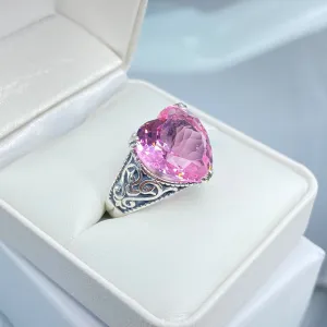 Pink Topaz Ring, Heart Gem, Gothic Filigree Jewelry #D132
