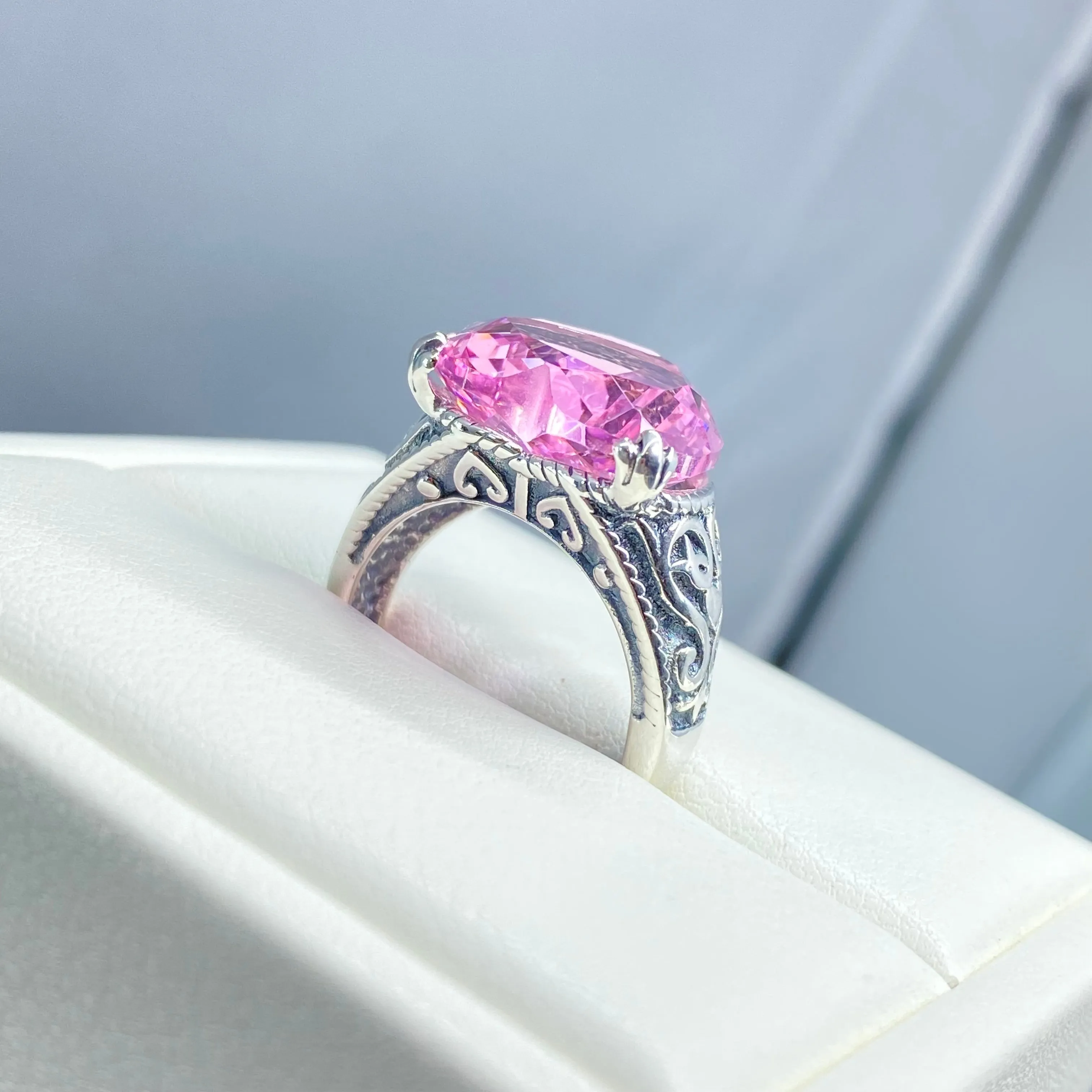 Pink Topaz Ring, Heart Gem, Gothic Filigree Jewelry #D132
