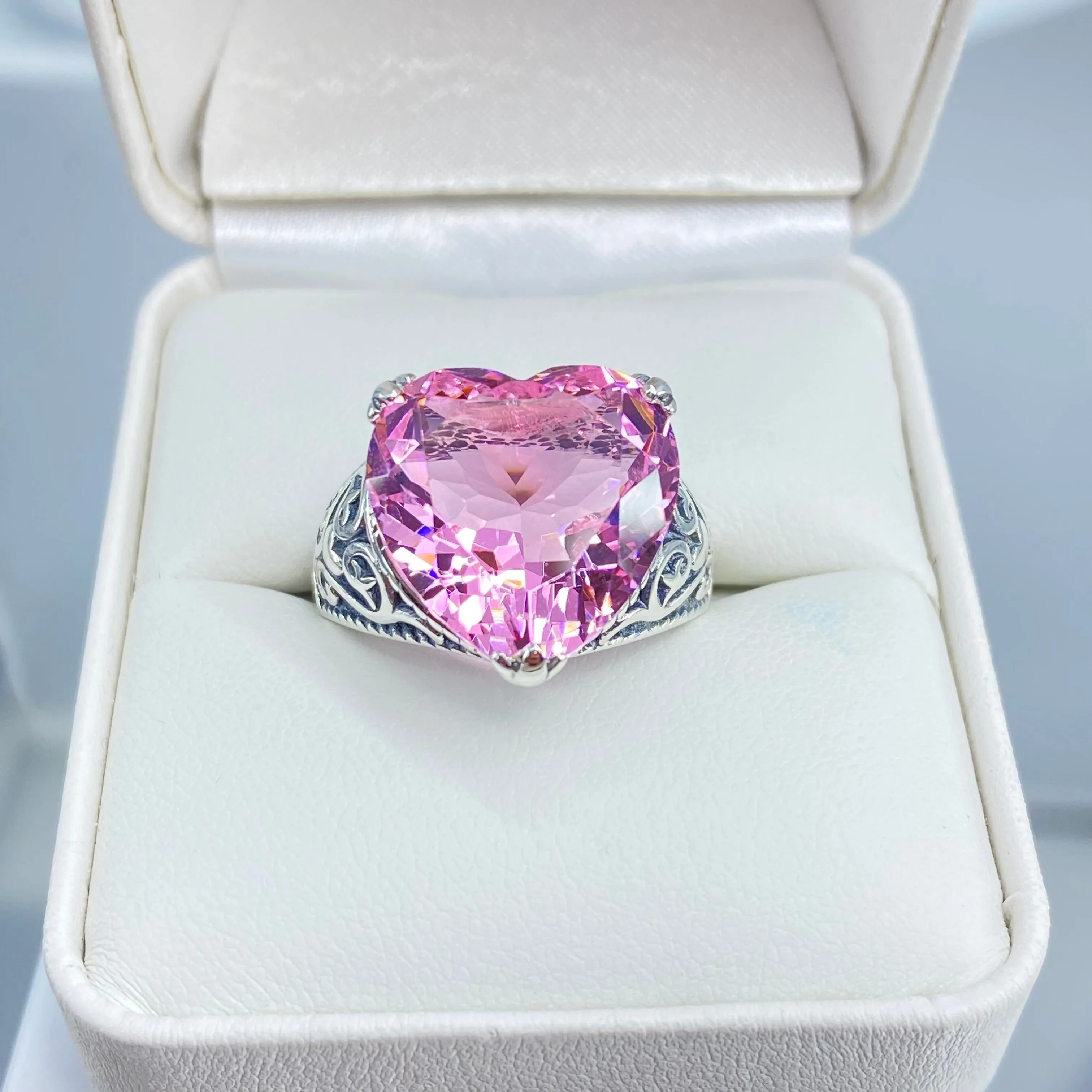 Pink Topaz Ring, Heart Gem, Gothic Filigree Jewelry #D132