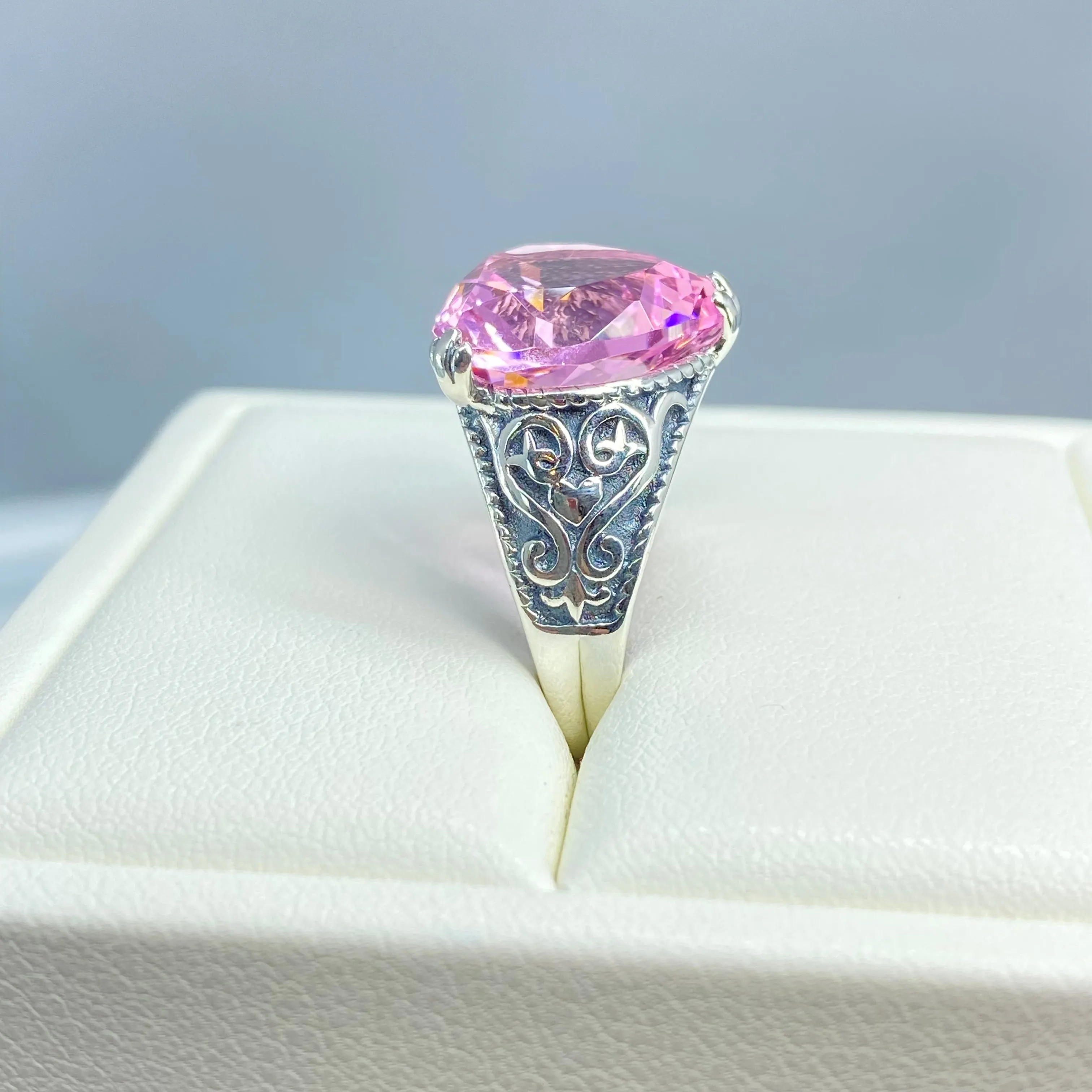 Pink Topaz Ring, Size 7, Heart Gem, Gothic Filigree Jewelry #D132 - Ready to Ship