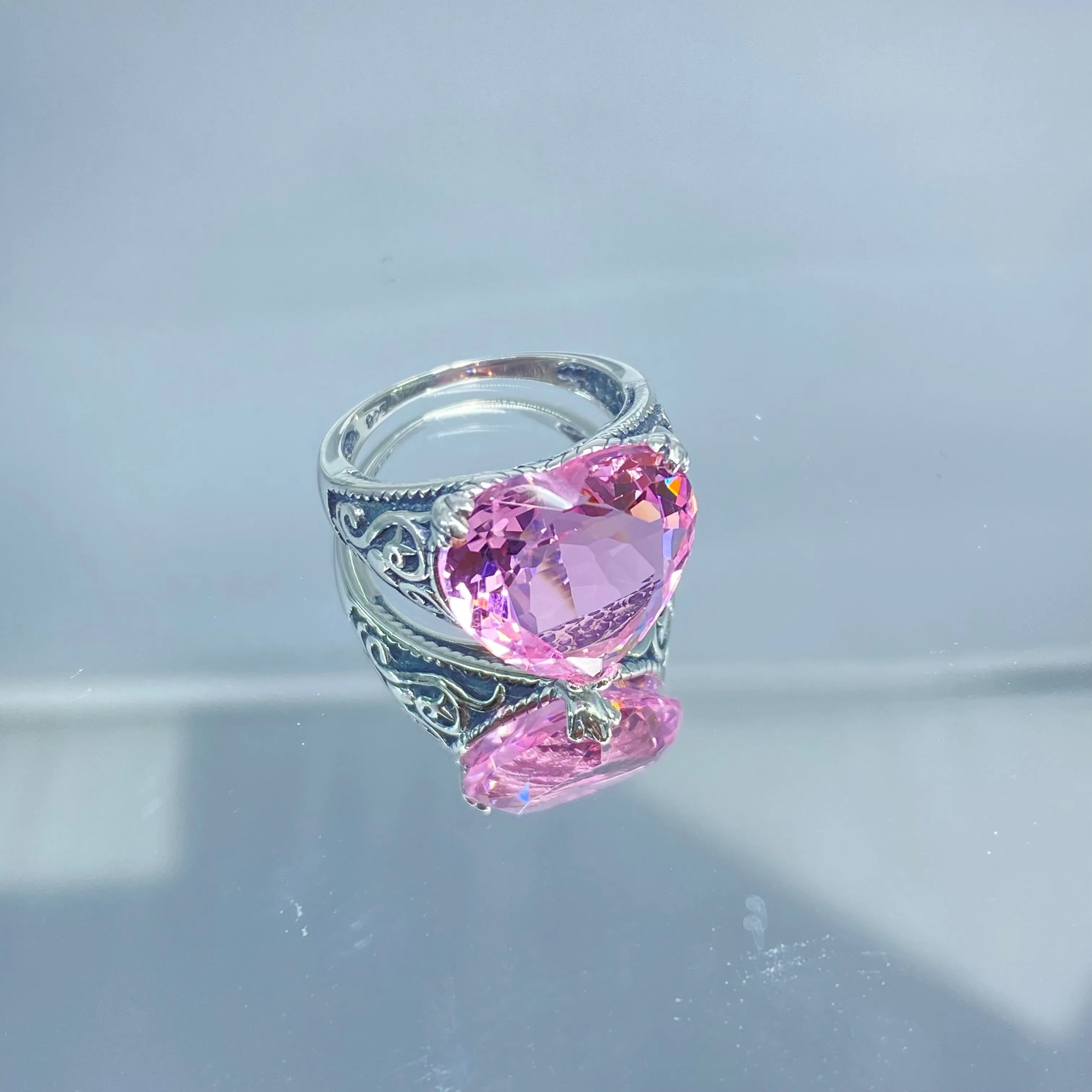 Pink Topaz Ring, Size 7, Heart Gem, Gothic Filigree Jewelry #D132 - Ready to Ship