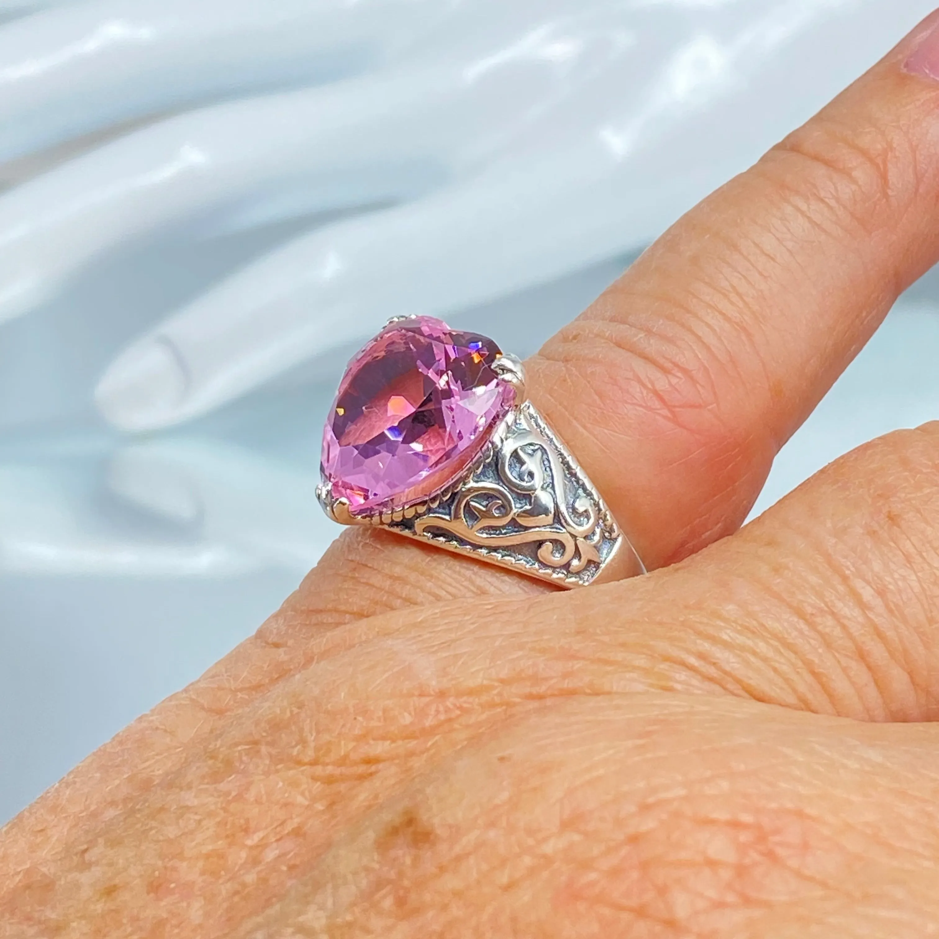 Pink Topaz Ring, Size 7, Heart Gem, Gothic Filigree Jewelry #D132 - Ready to Ship